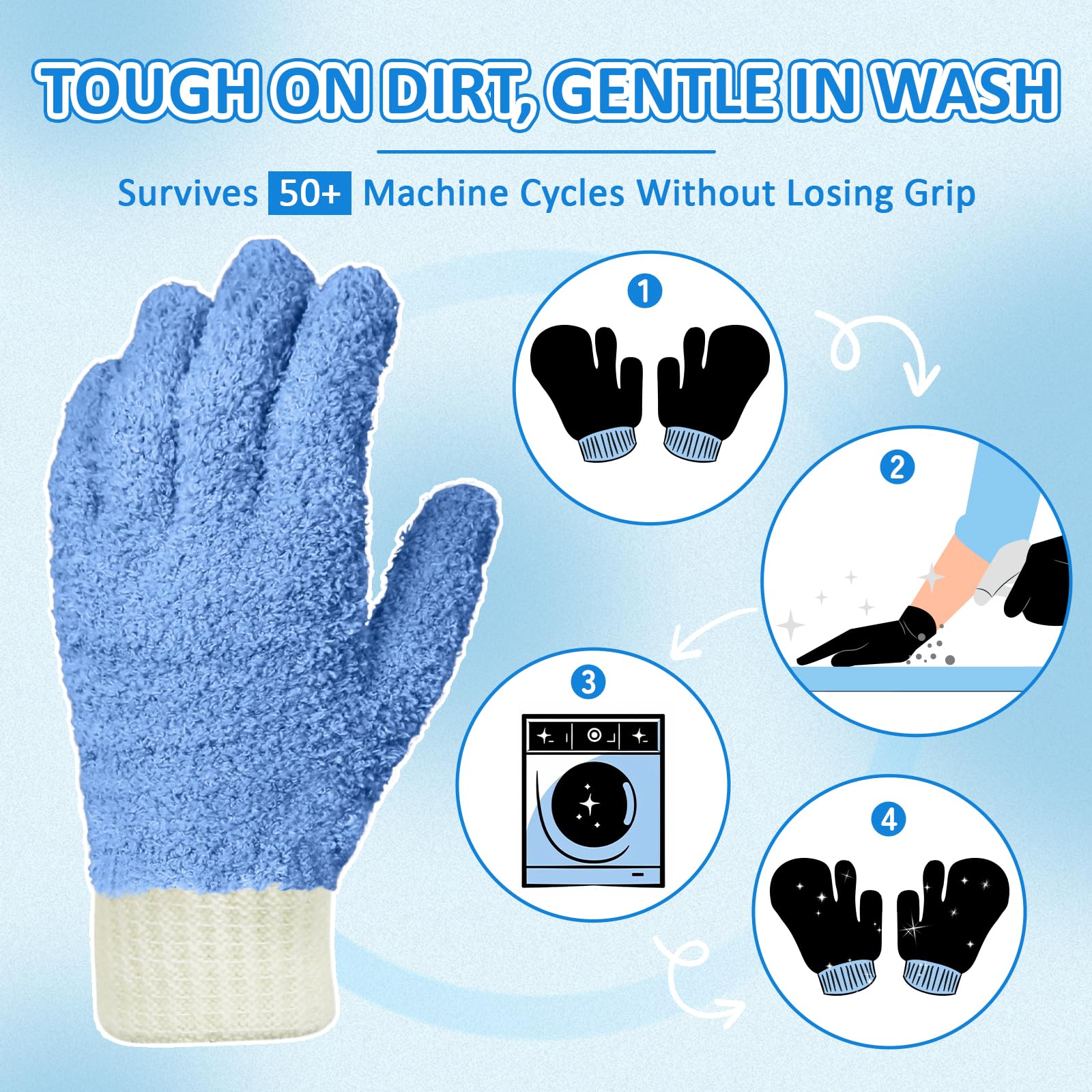 Microfiber Dusting Gloves Washable Reusable Cleaning Mittens Gloves Kitchen House Cleaning Car Blinds Blue 4 Pairs S (8 Count)