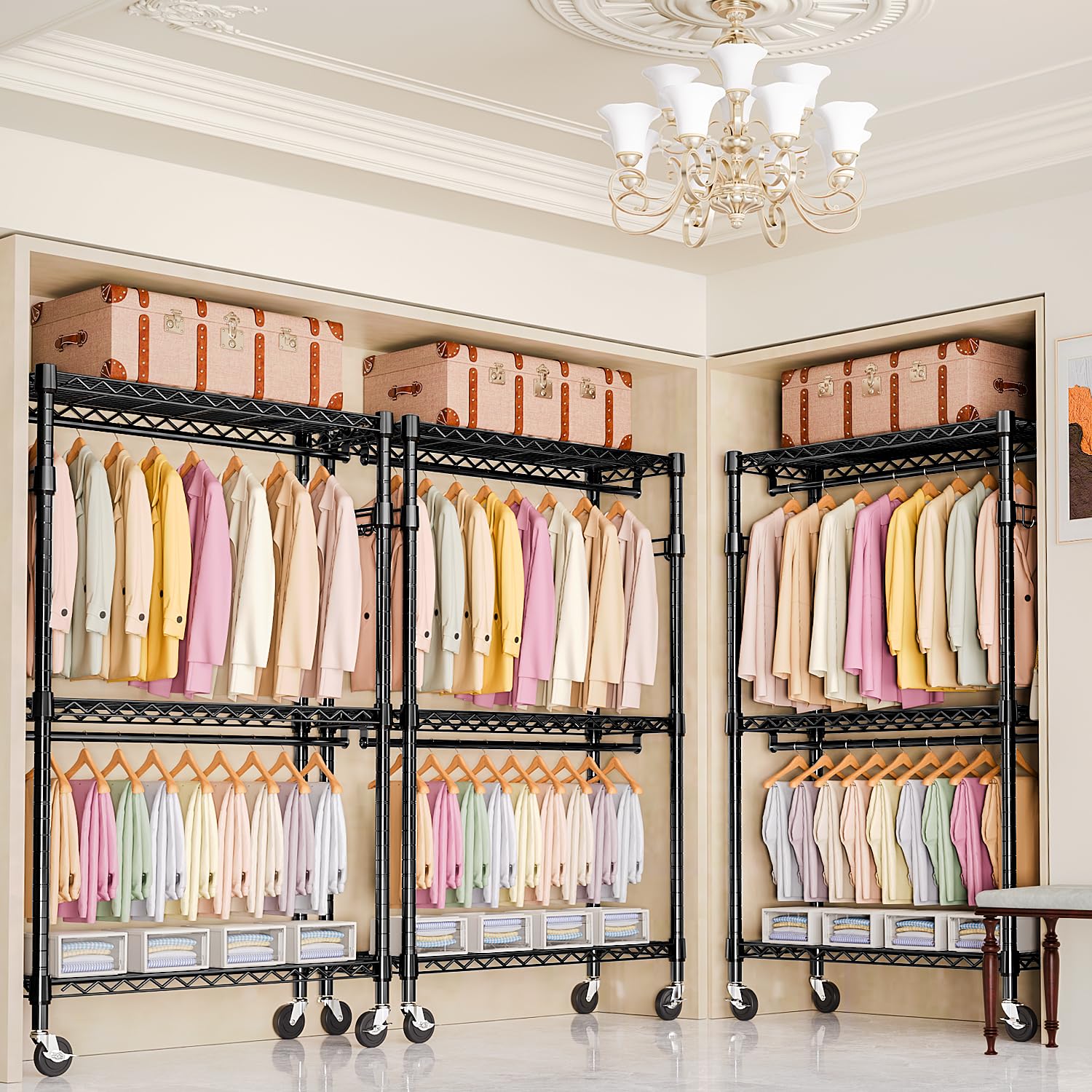 Heavy Duty Rolling Garment Rack 3 Tiers Adjustable Wire Shelving Clothes Rack with 2 Rods and Side Hooks