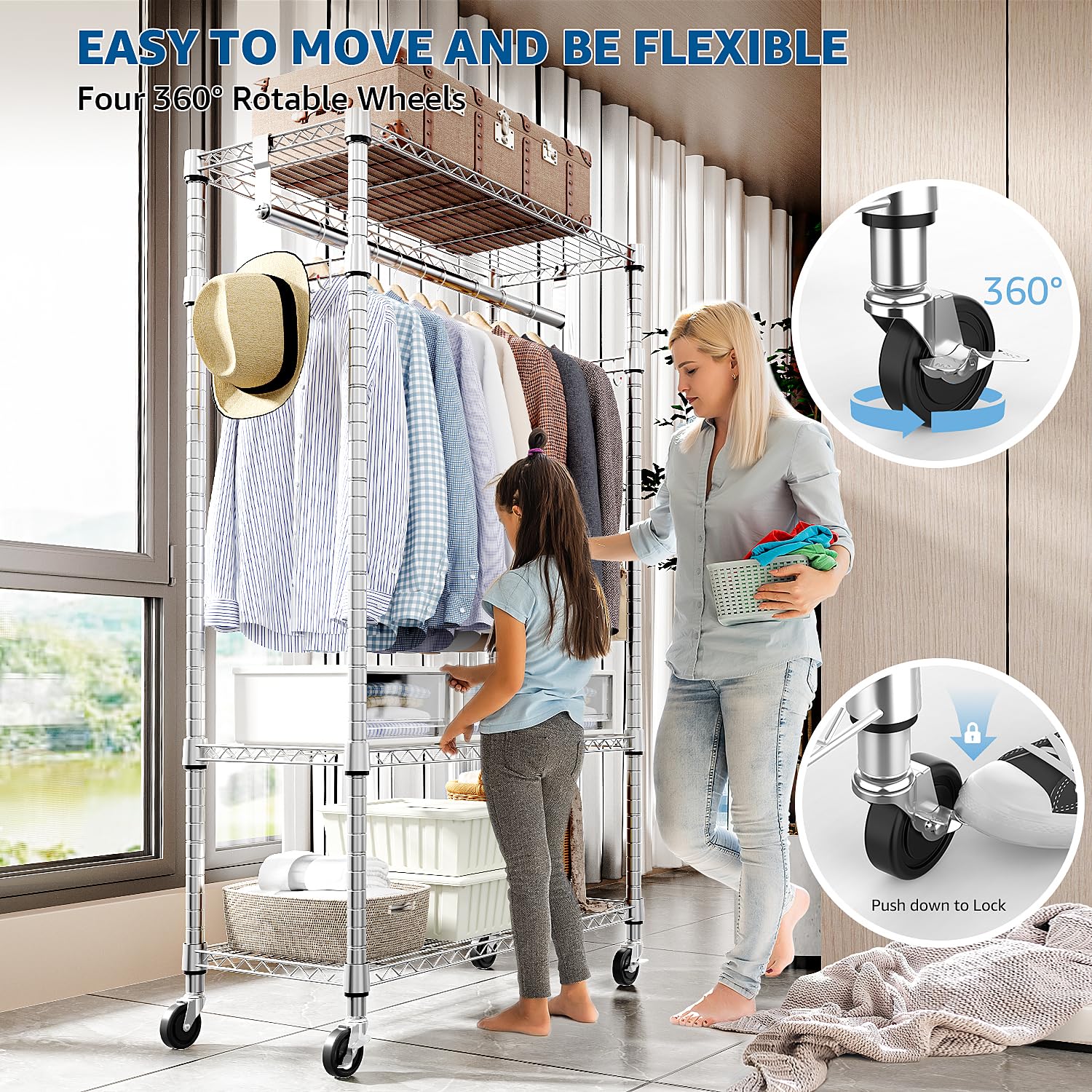 Heavy Duty Rolling Garment Rack 3 Tiers Adjustable Wire Shelving Clothes Rack with Rods and Side Hooks