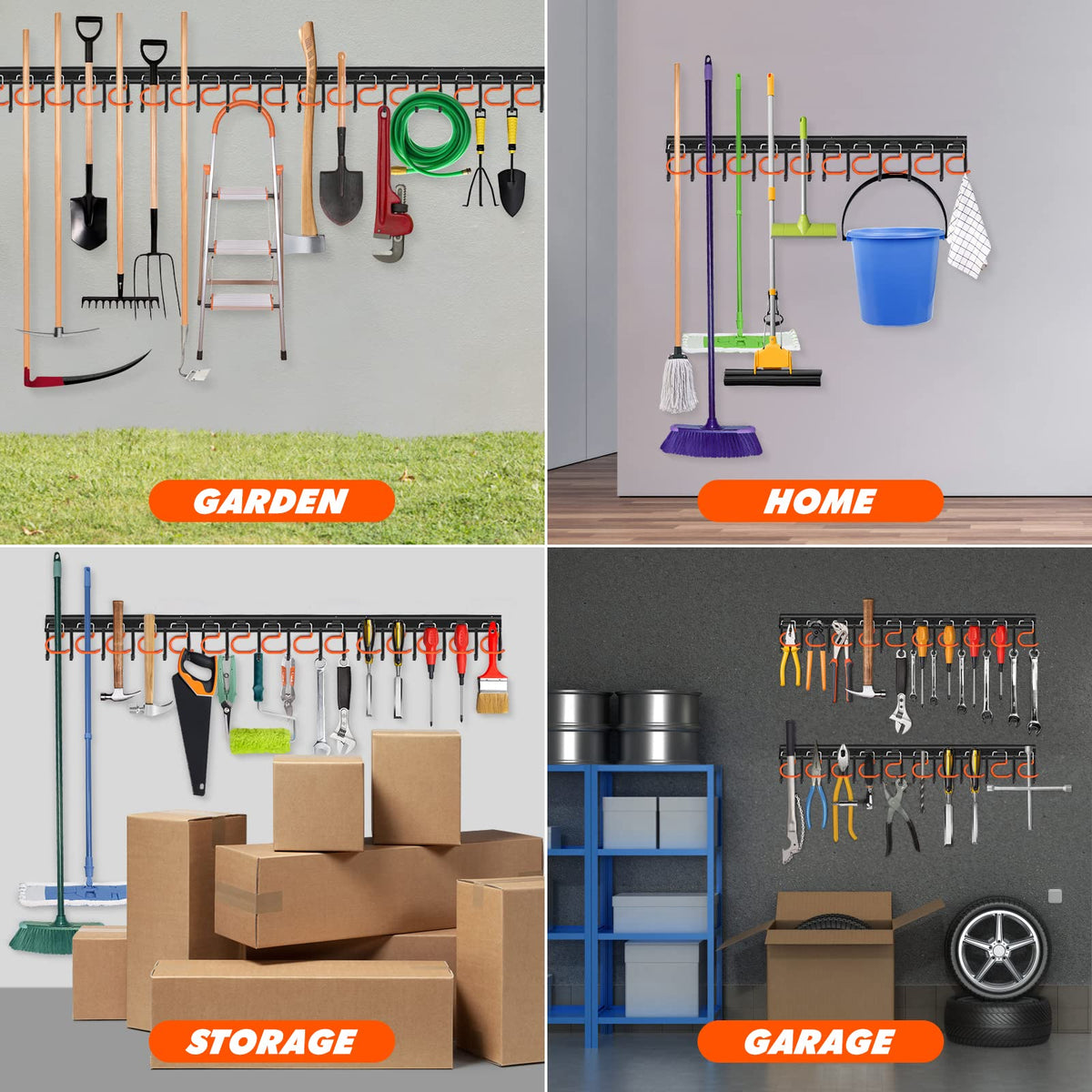 51'' All Metal Garden Tool Organizer Adjustable Garage Tool Organizer Wall Mount Garage Organizers and Storage with Heavy Duty Hooks Tool Hangers for Garage Wall