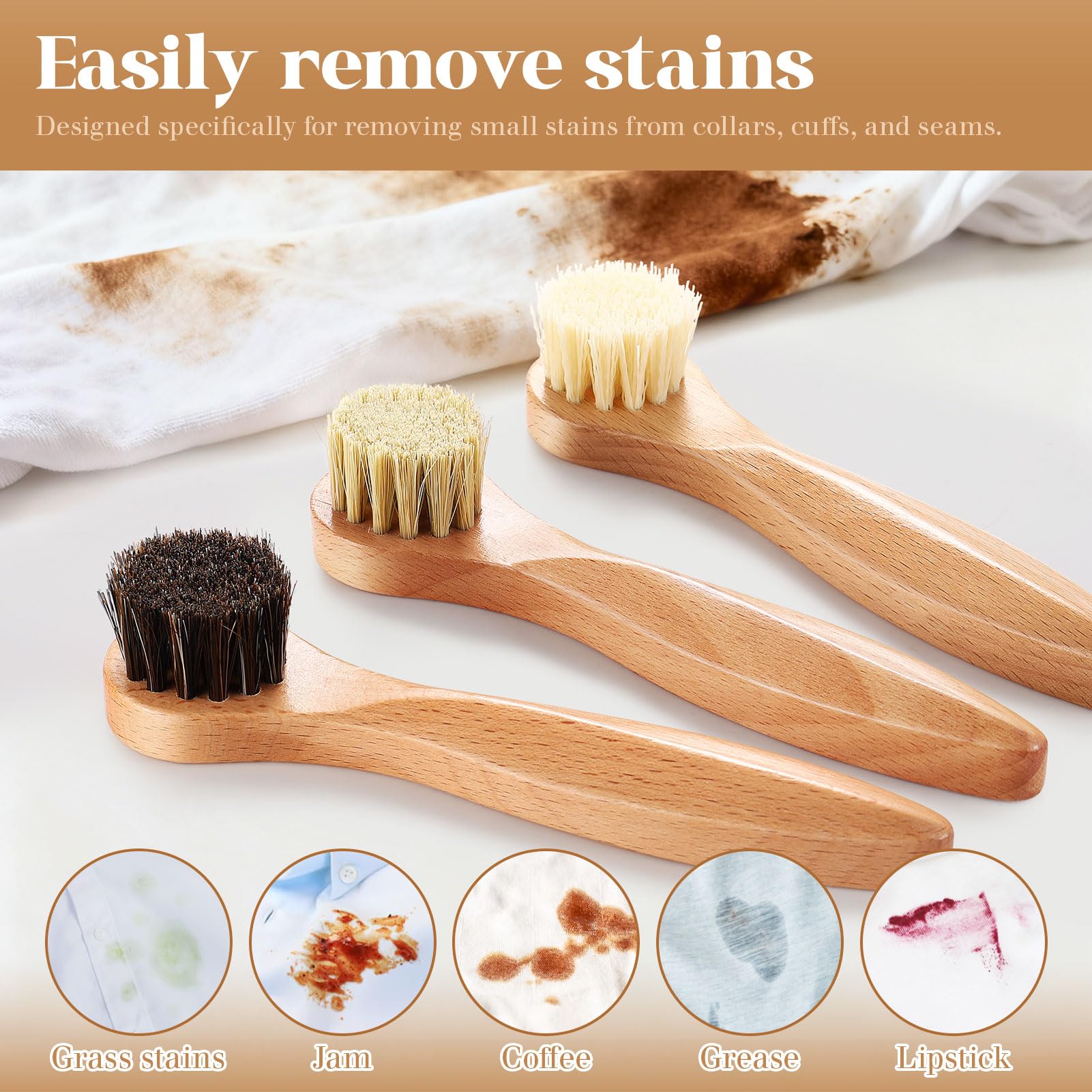 3 Pcs Wooden Laundry Stain Brush Stain Remover Dauber Brushes with Round Head Boar Bristle Small Stain Brush for Clothes for Scrubbing Stains from Furniture Fabric Leather (3 Count)