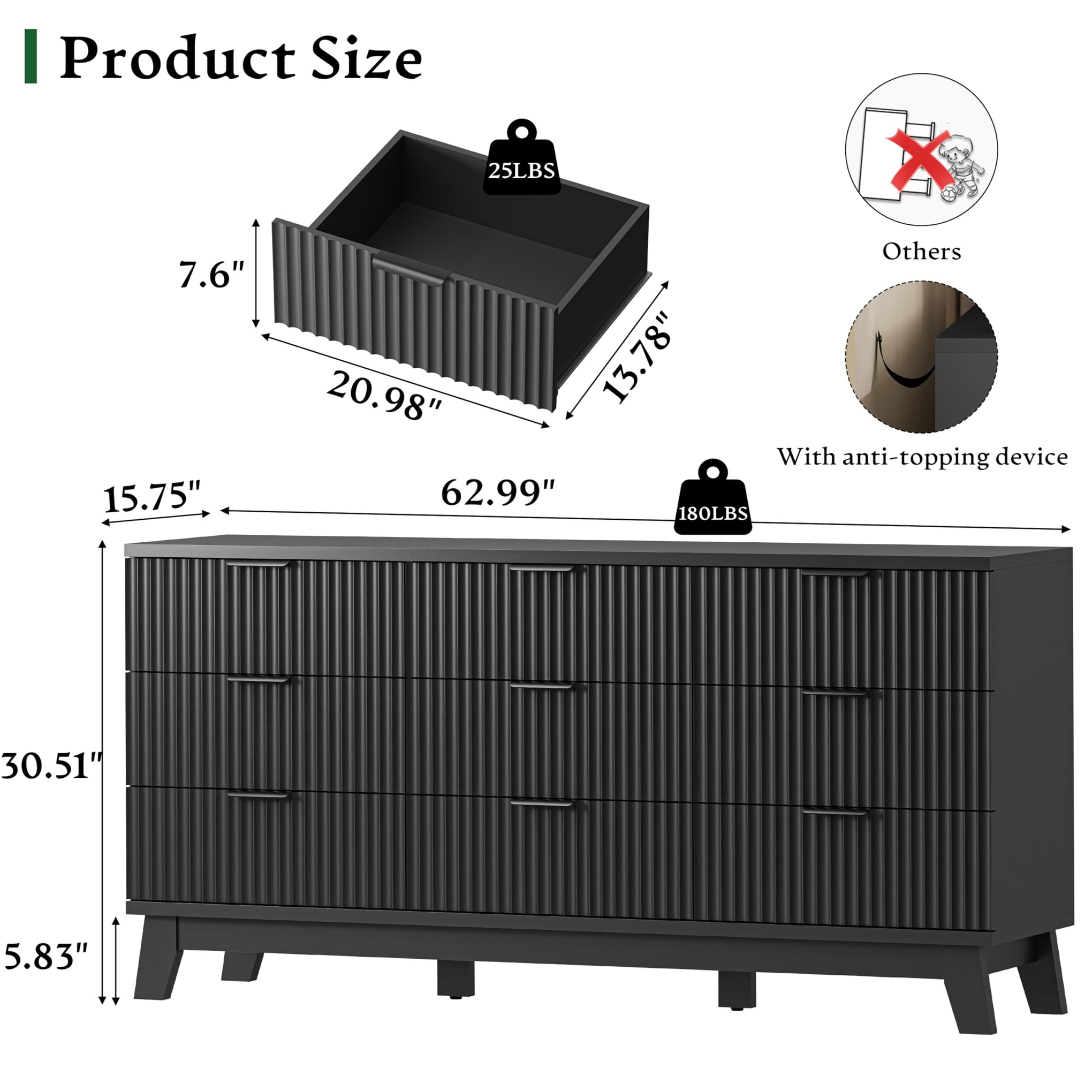 Fluted Dresser with 9 Drawers