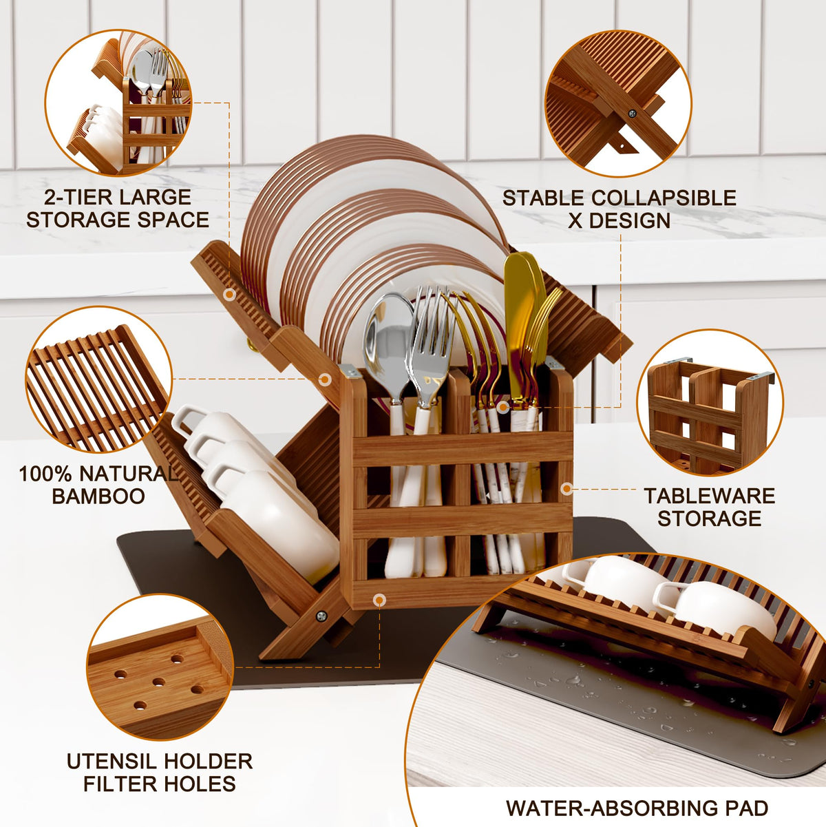 Teak Dish Drying Rack with Utensil Holder