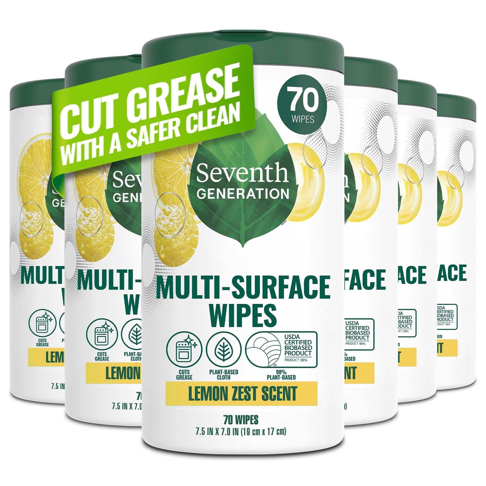 Multi Surface Wipes All Purpose Cleaning Lemon Zest scent with 100% Essential Oils and Botanical Ingredients 70 count (420 Count)