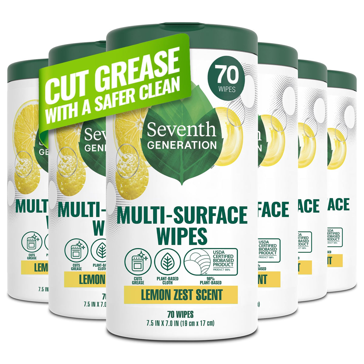 Multi Surface Wipes All Purpose Cleaning Lemon Zest scent with 100% Essential Oils and Botanical Ingredients 70 count (420 Count)