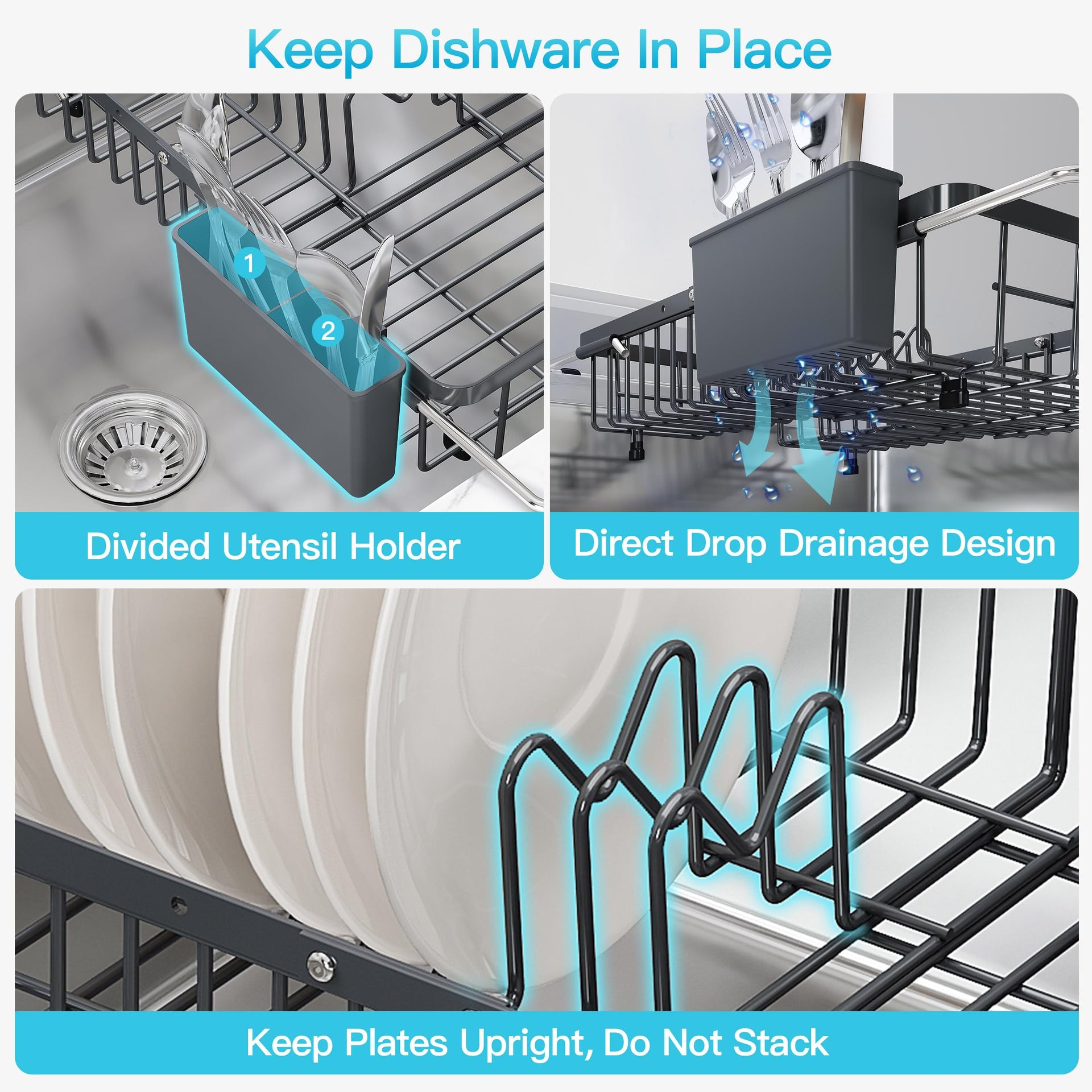 Gray Dish Drying Rack Over the Sink with Utensil Holder