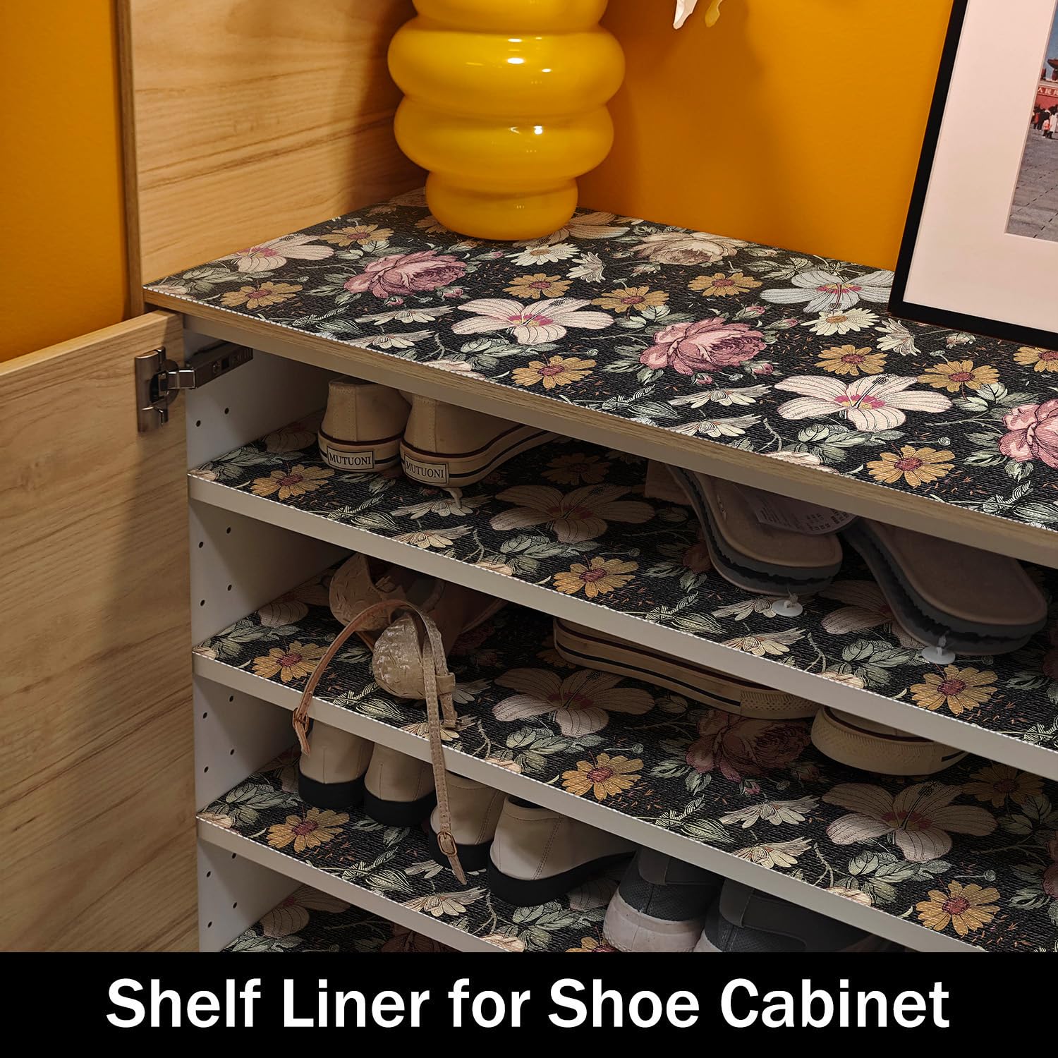 Black Retro Floral Shelf Drawer Liner for Kitchen 12IN x 20FT (19.36 Sq Ft)