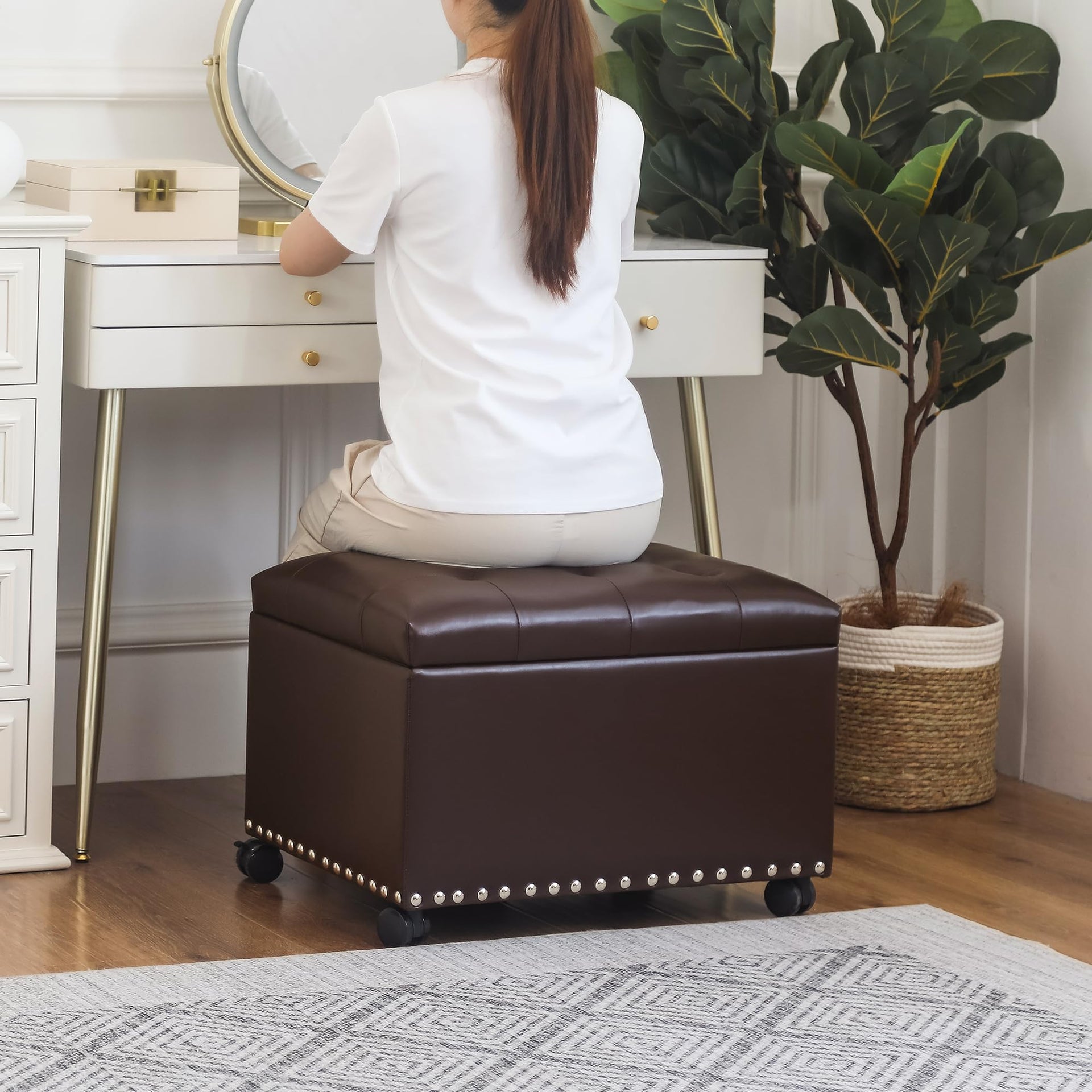 Leather Storage Ottoman with 360° Caster Wheels 24" Foot Rest Bench Rectangle Ottomans Stool for Living Room Bedroom