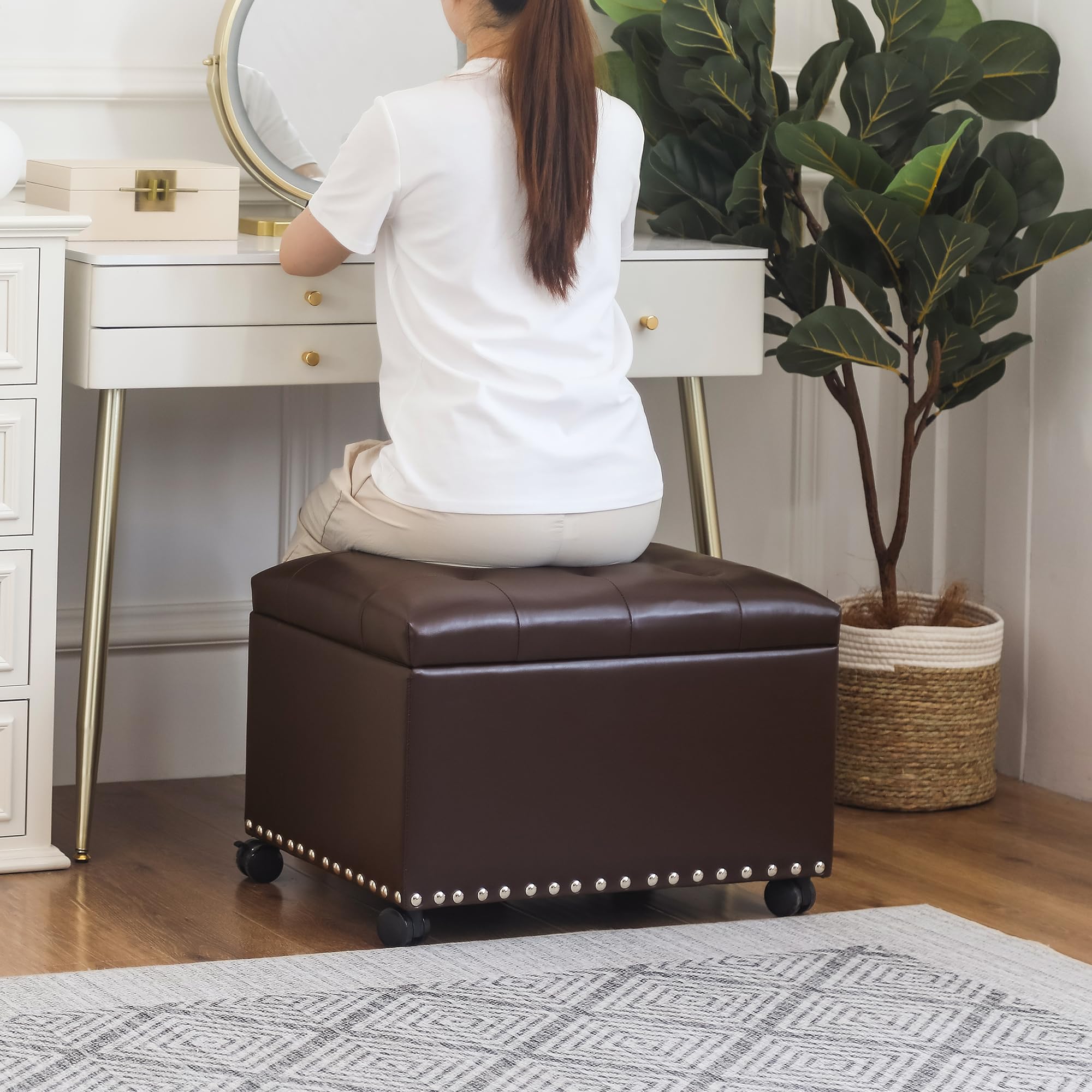 Leather Storage Ottoman with 360° Caster Wheels 24" Foot Rest Bench Rectangle Ottomans Stool for Living Room Bedroom