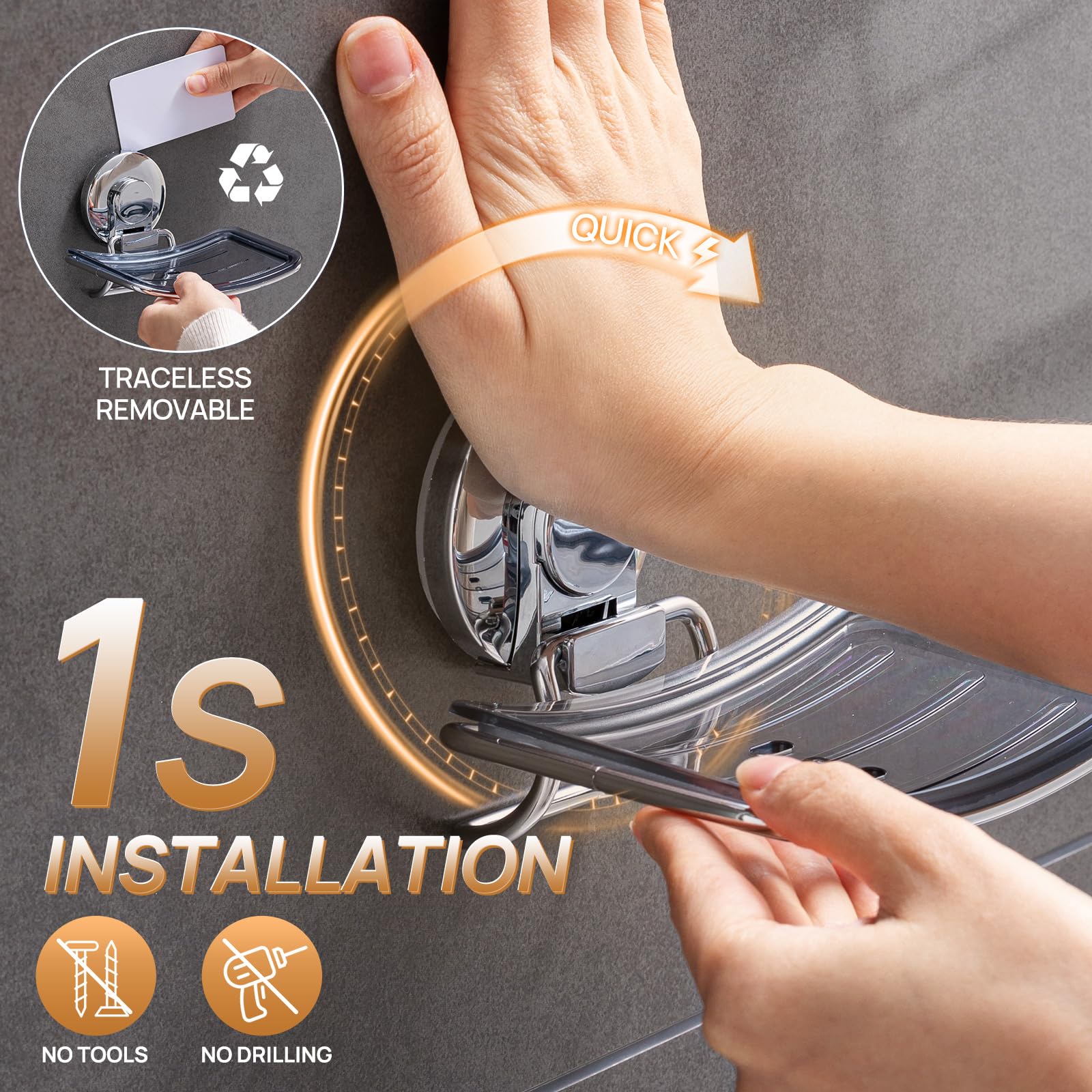Chrome Suction Cup Soap Dish Holder for Shower Wall Drill