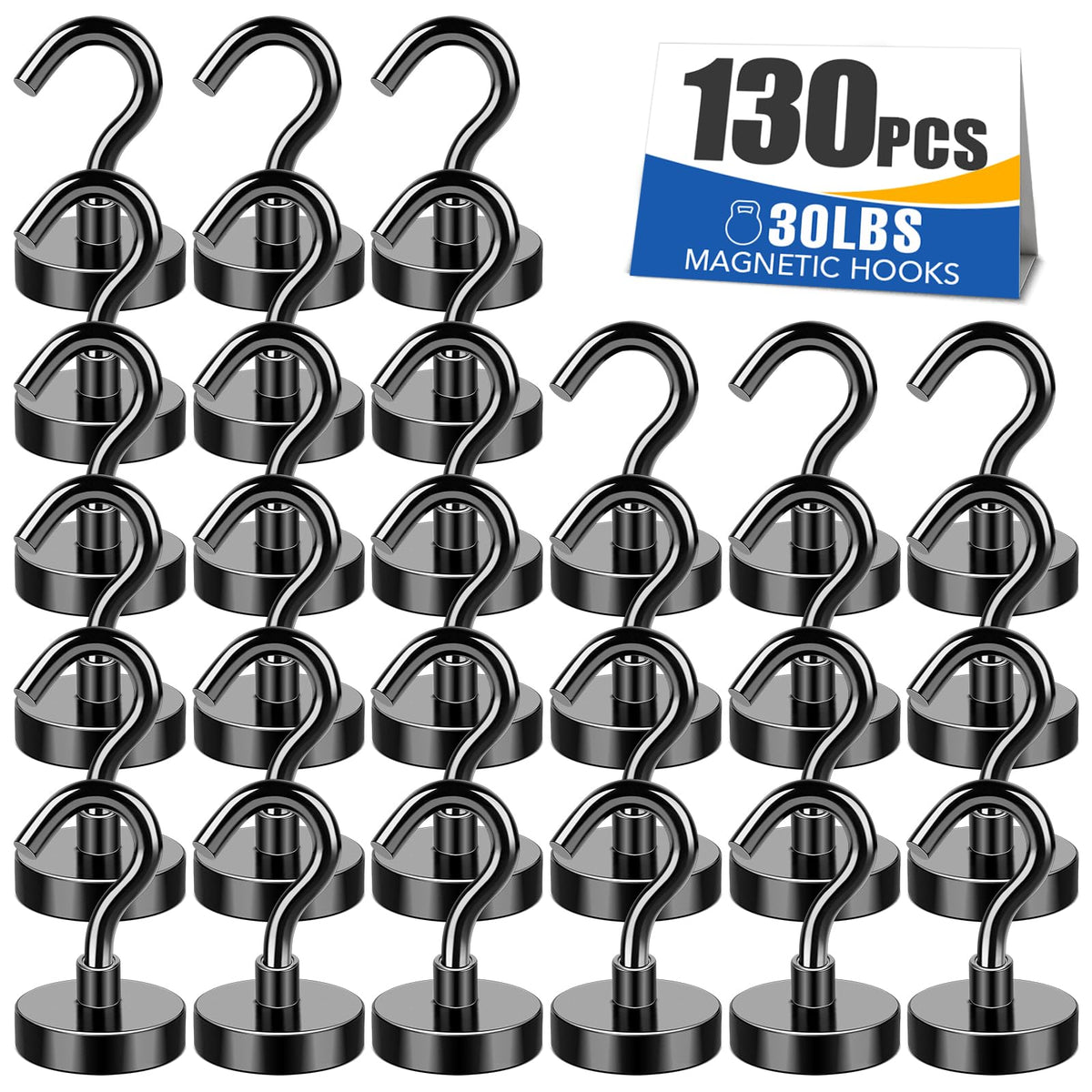 Black Magnetic Hooks Heavy Duty 30Lbs+ Strong Neodymium Magnets (130 Count)