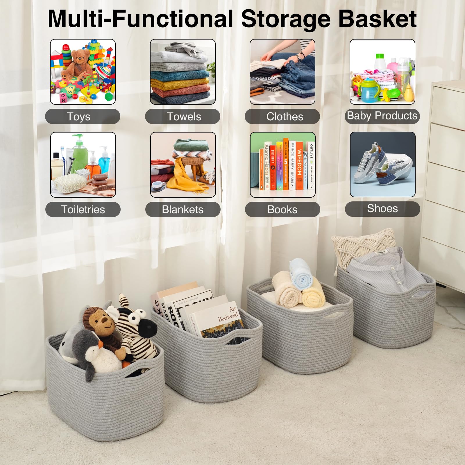 Storage Baskets for Organizing & Shelves (4 Count)