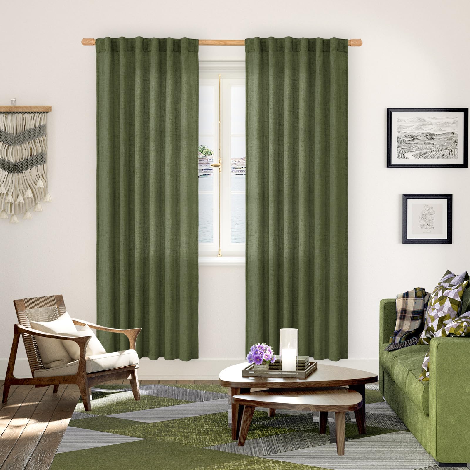 Olive Green Linen Curtains 78 Inch Length for Living Room (2 Count)
