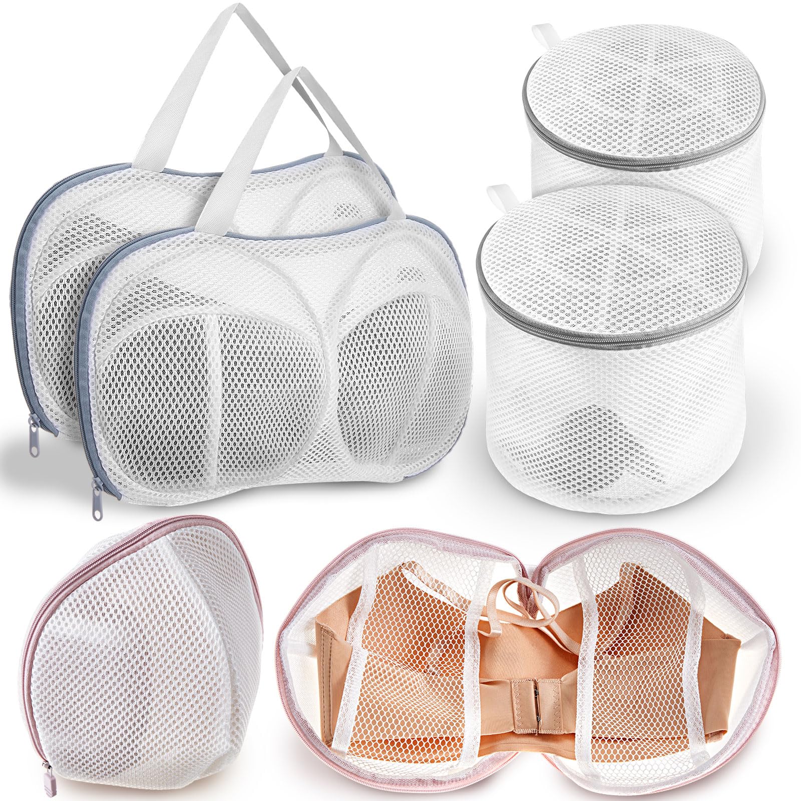 6 Pack Bra Washing Bags for Laundry 3 Styles Mesh Bra Wash Bags Zippered Lingerie Wash Protector for A (6 Count)