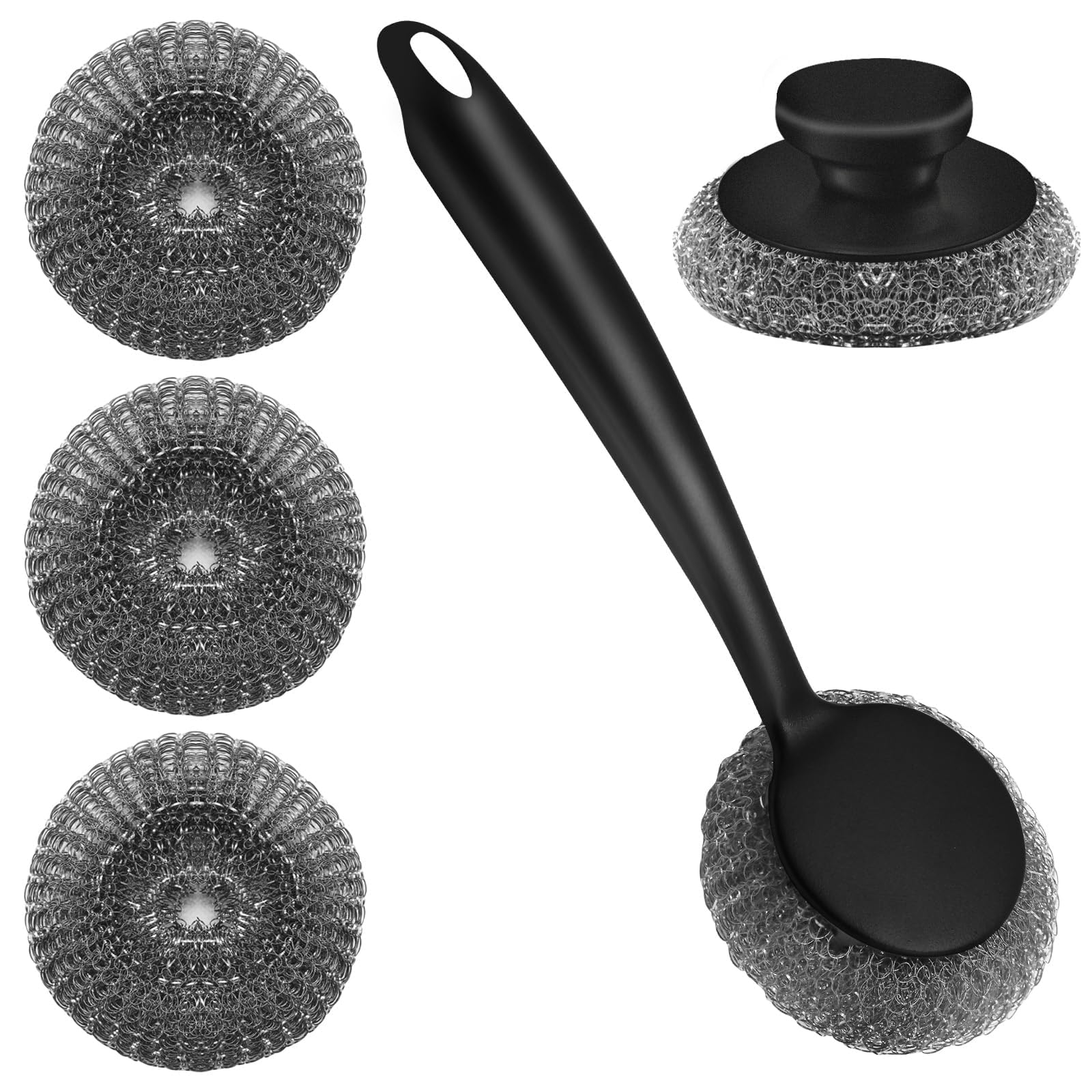Scrubber with Handle Comes with Three Replacement Balls Steel Wool