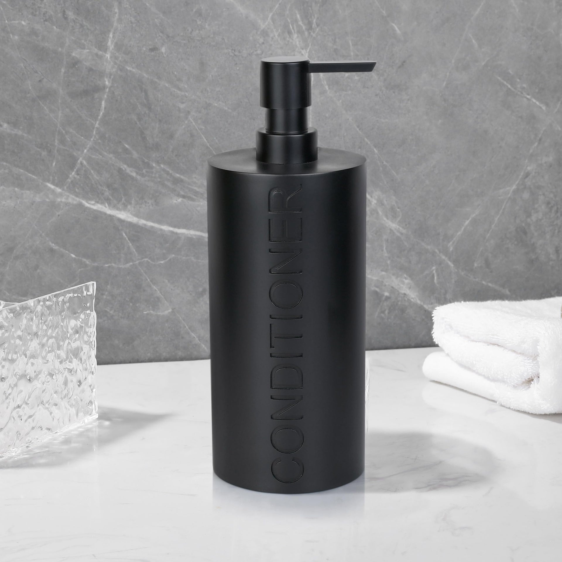 Matte Black Conditioner Dispenser Luxurious Refillable Pump Bottle with Black Resin Pump and Embossed Text