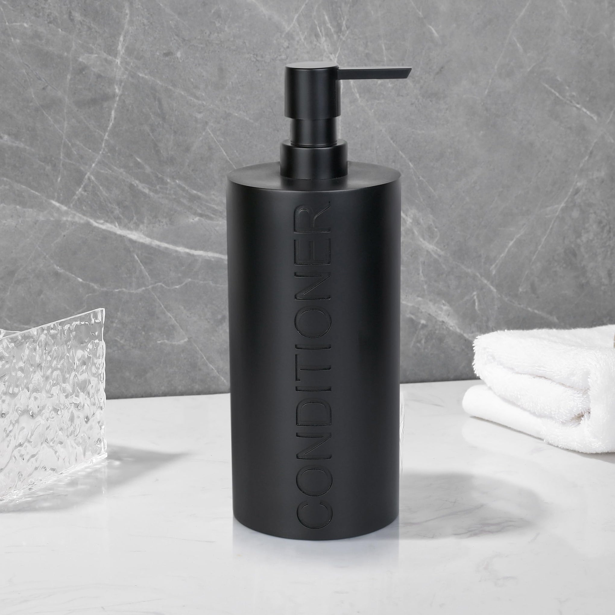 Matte Black Conditioner Dispenser Luxurious Refillable Pump Bottle with Black Resin Pump and Embossed Text