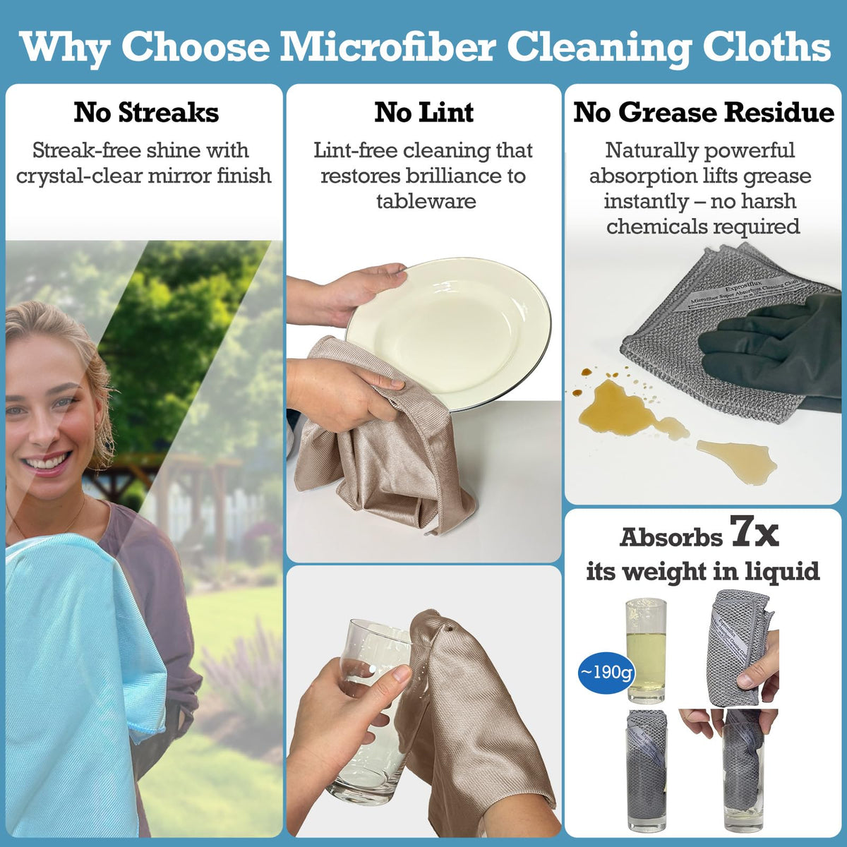 3 Pack Microfiber Glass Cleaning Cloths for Windows & Mirrors (3 Count)