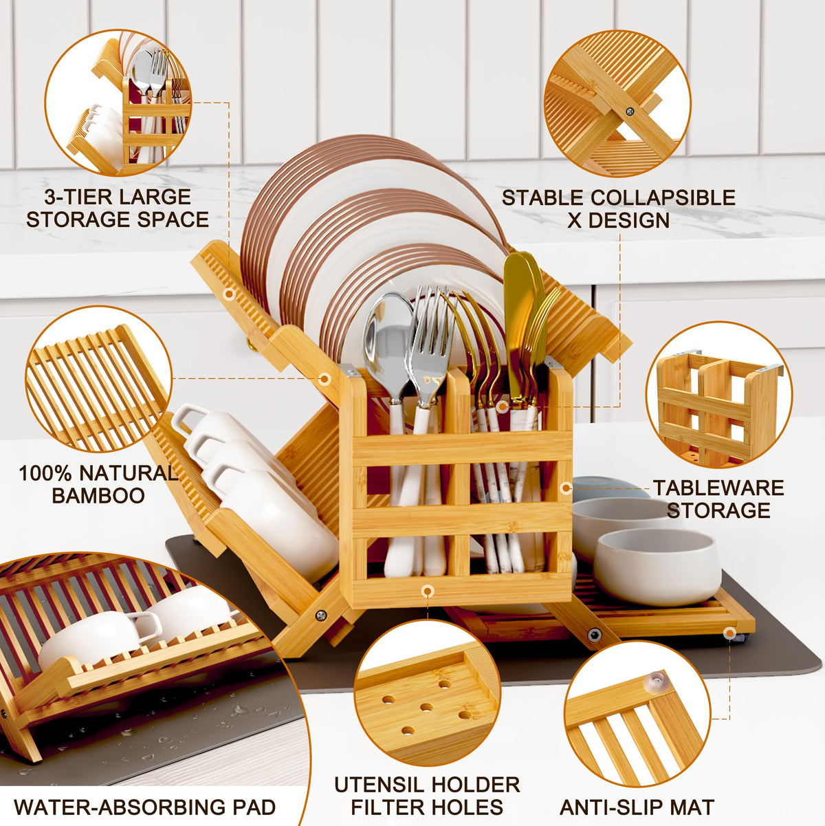 Bamboo Dish Drying Rack with Utensil Holder