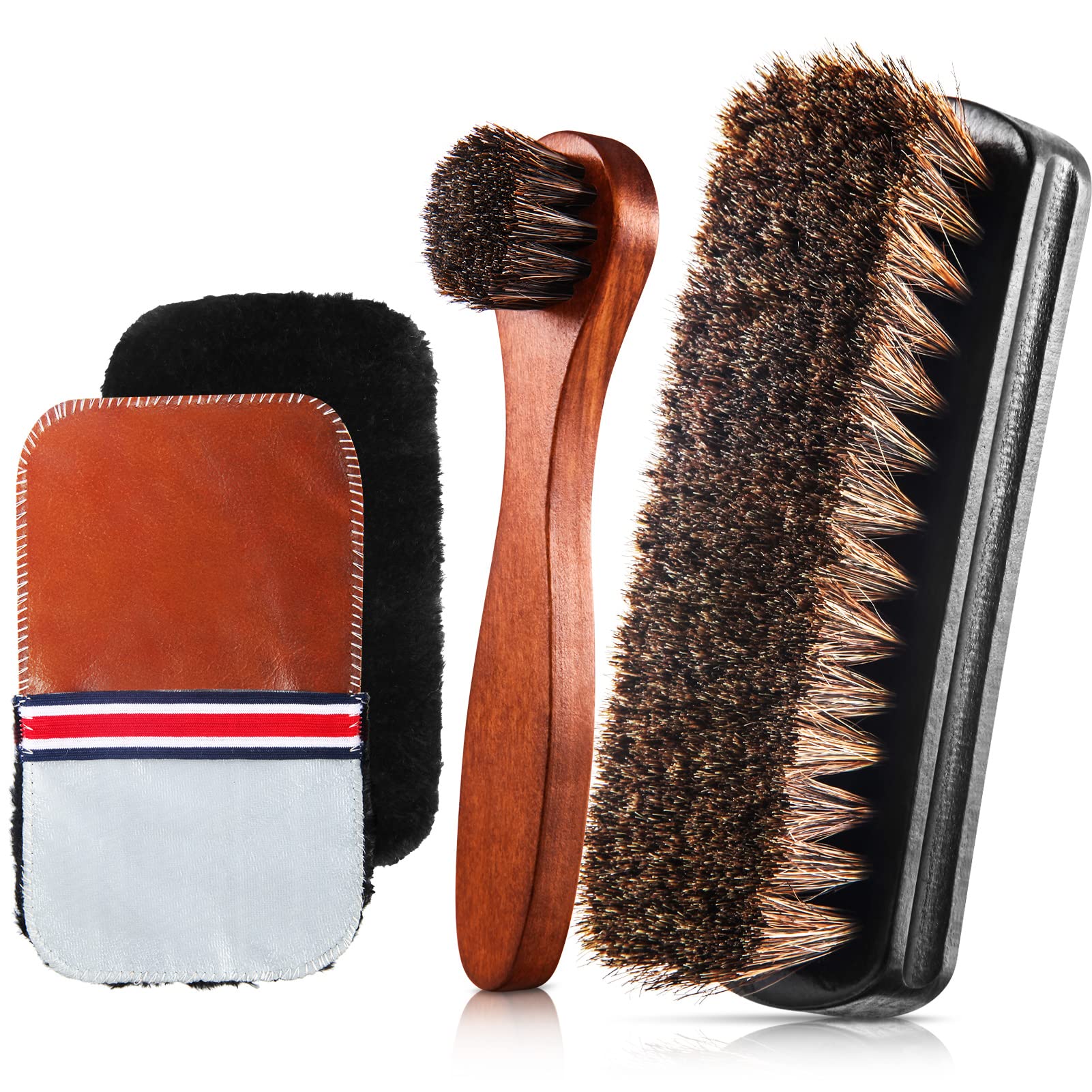 4 Pcs Horsehair Shine Shoes Brush Kit Polish Dauber Applicators Cleaning Leather Shoes Boots Care Brushes Suede Cleaner Brush with Microfiber Shoe Gloves (2.49 Count)