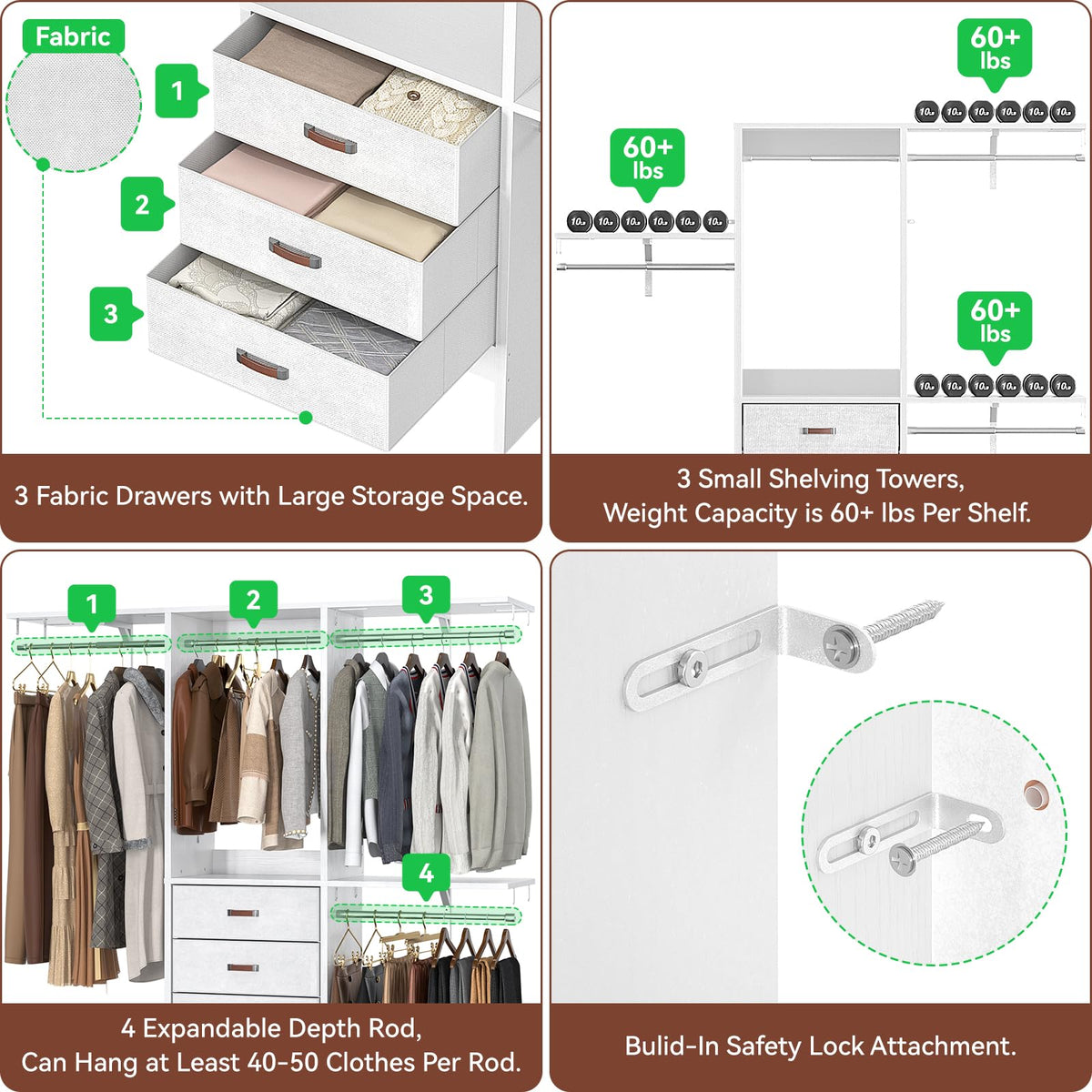 5FT Small Closet System with 3 Fabric Drawers