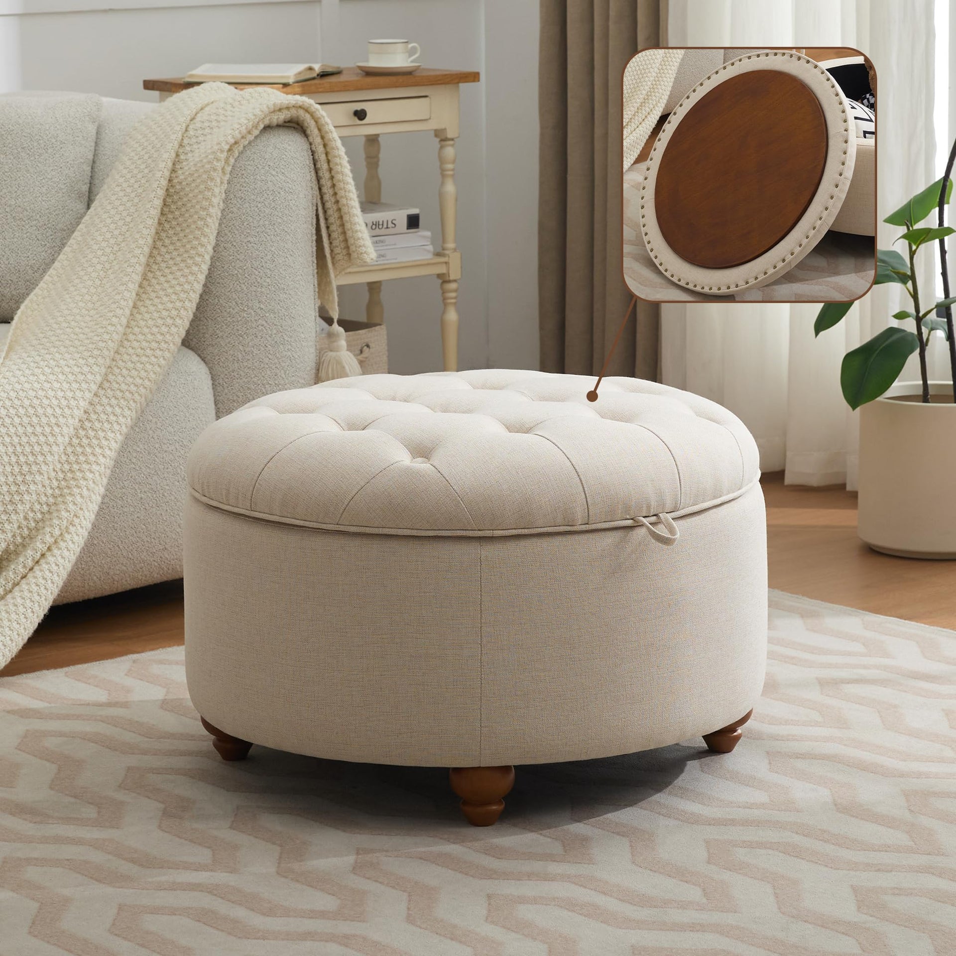 30Inch Round Storage Ottoman with Tray