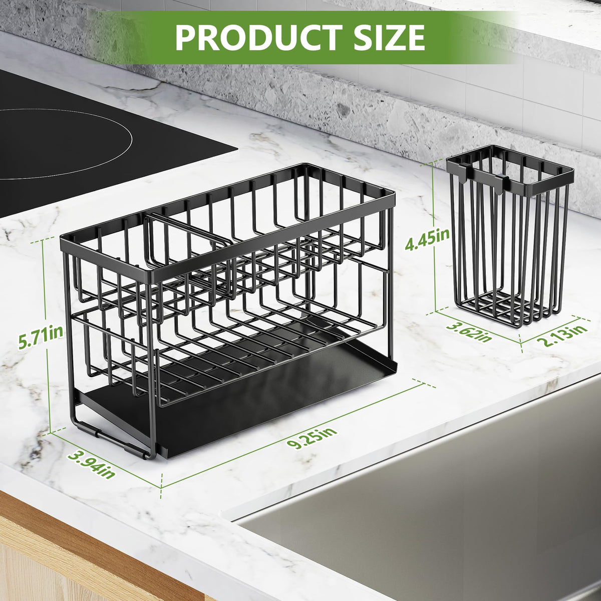 2 Tier Kitchen Sink Caddy Organzier Rack with Dish Brush Sponge Holder