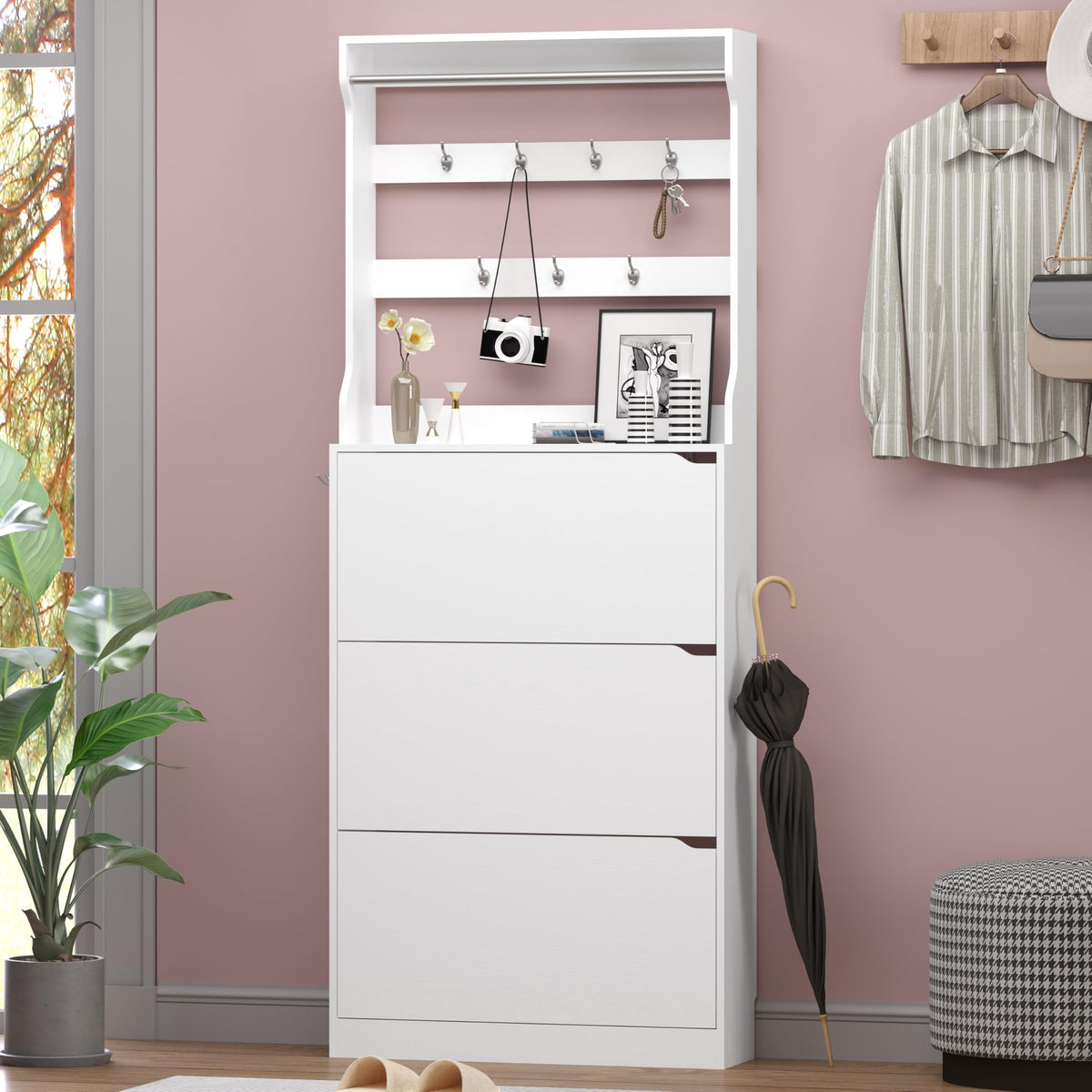 Shoe Cabinet with 3 Flip Drawers & Coat Rack