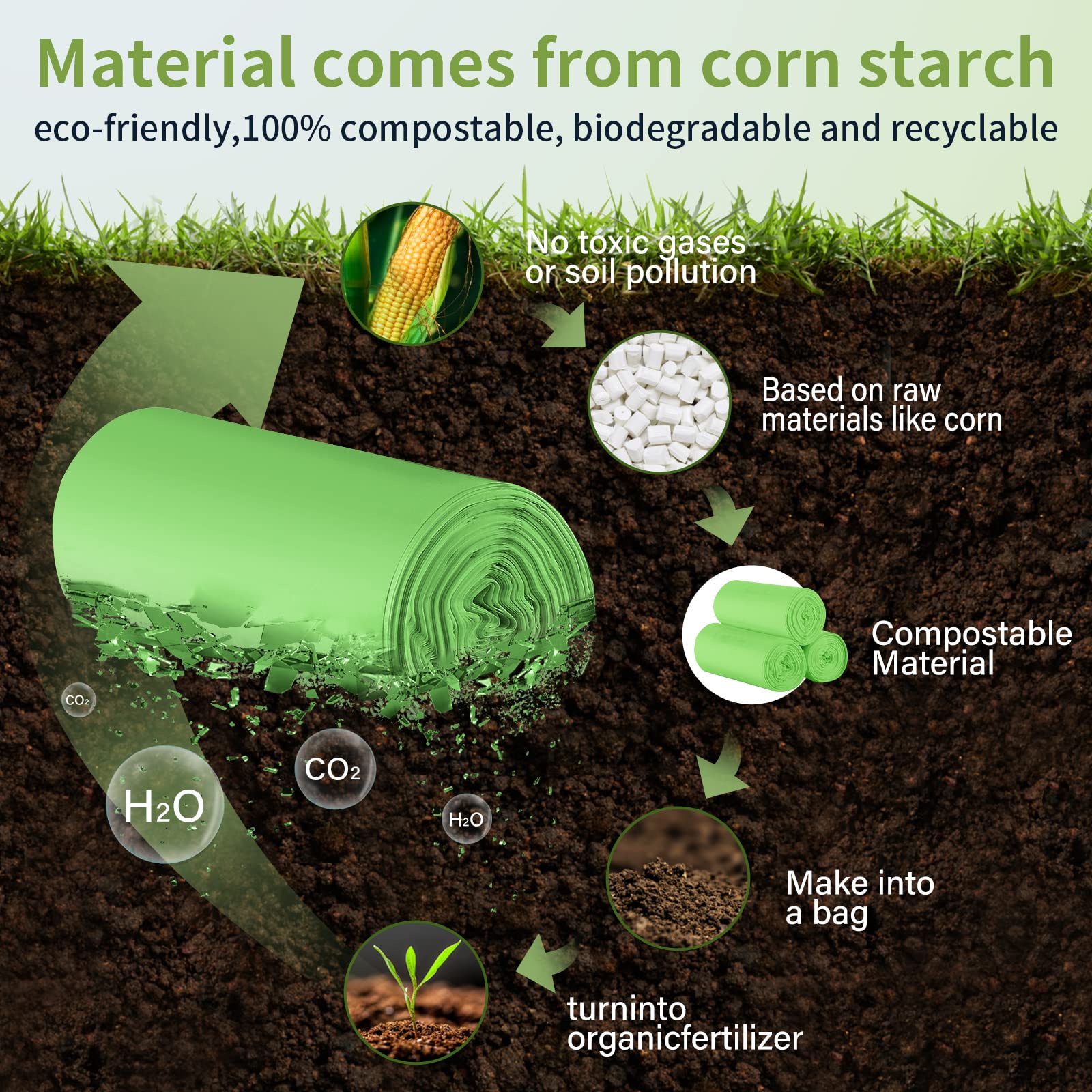 Compostable Trash Bags 2.6 Gallon 100 Counts Compost Small Garbage Bag for Kitchen Bathroom BPI Certified