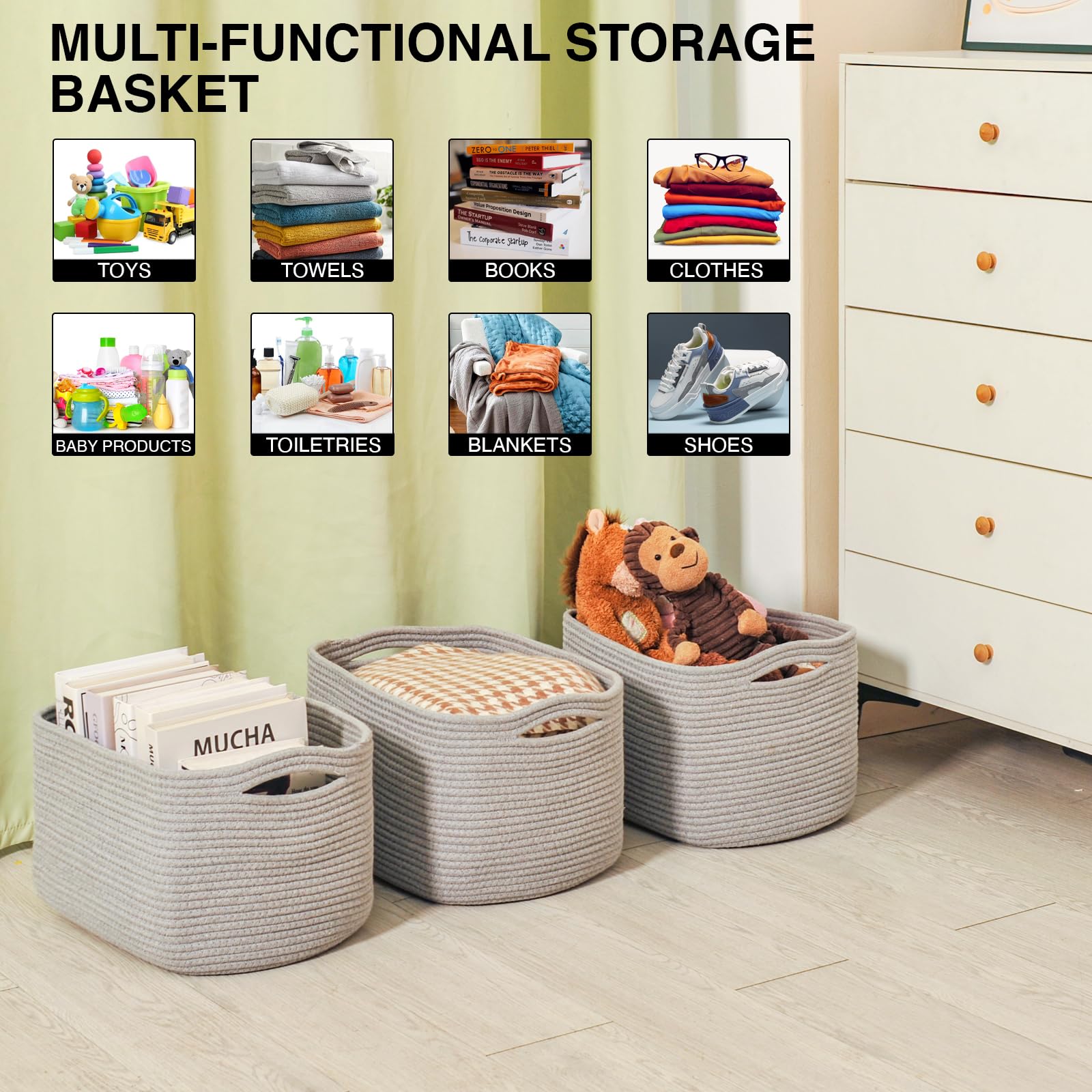 Storage Baskets for Organizing Shelves (3 Count)