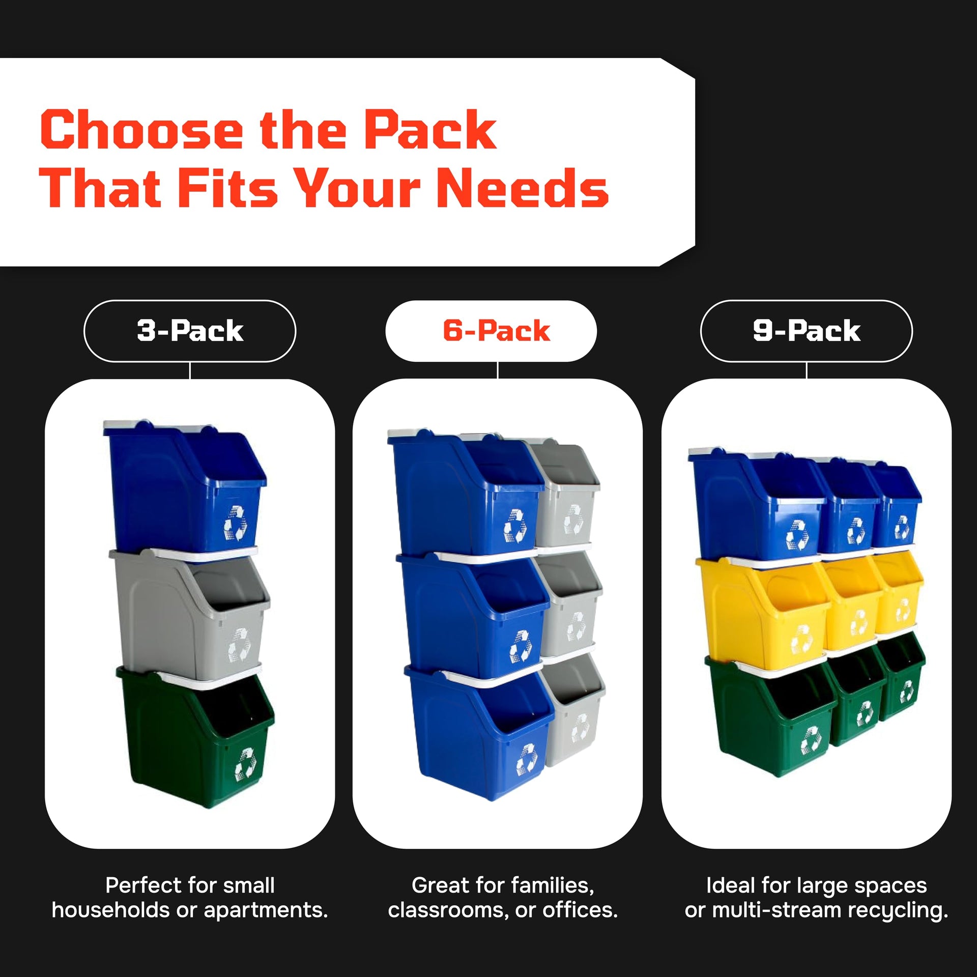 Blue Recycle Bin 6 Gallon Stackable Recycle Bins for Kitchen with Handle (6 Count)