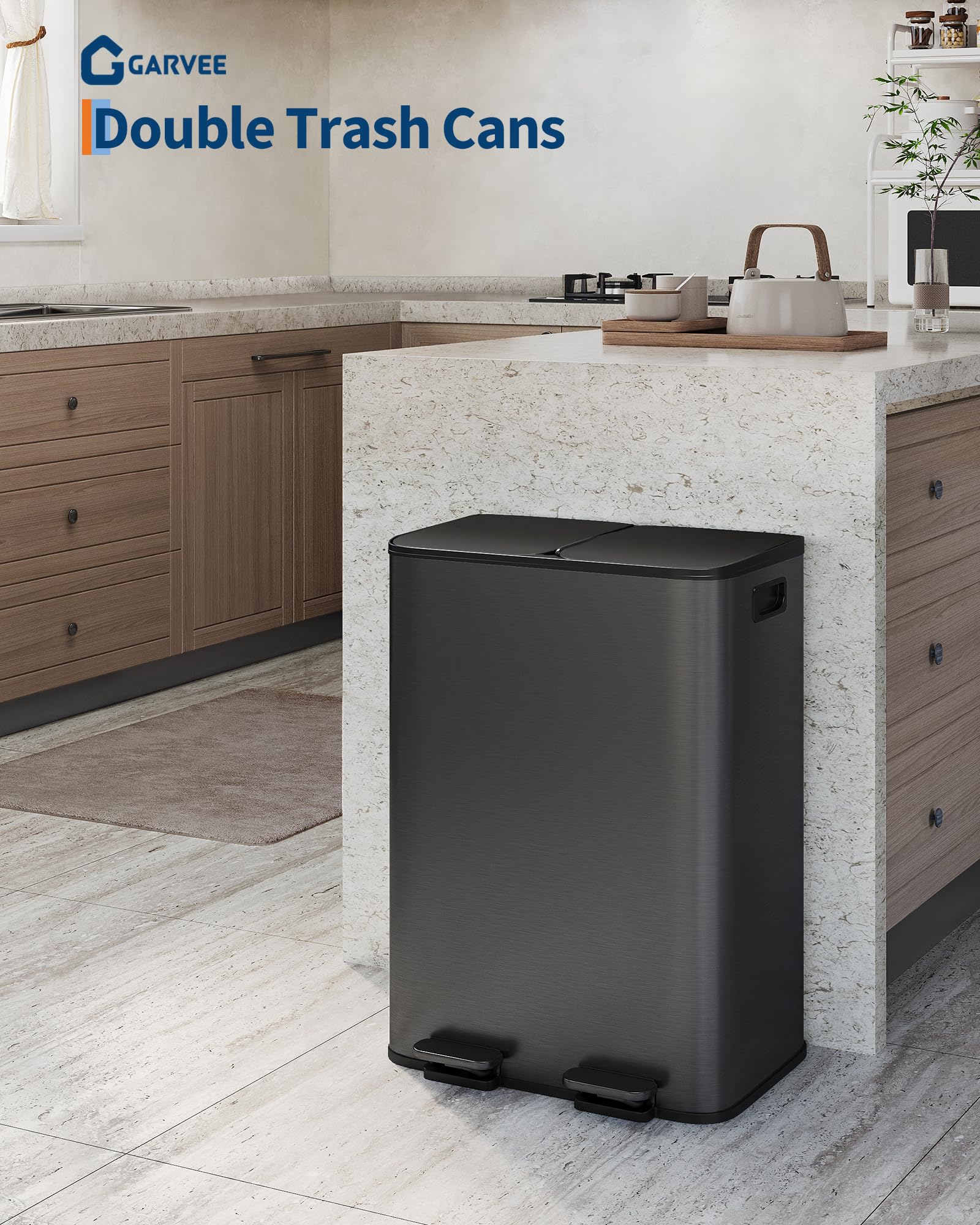 2 x 8 gal Stainless Steel Double Trash Can with Lid for Kitchen