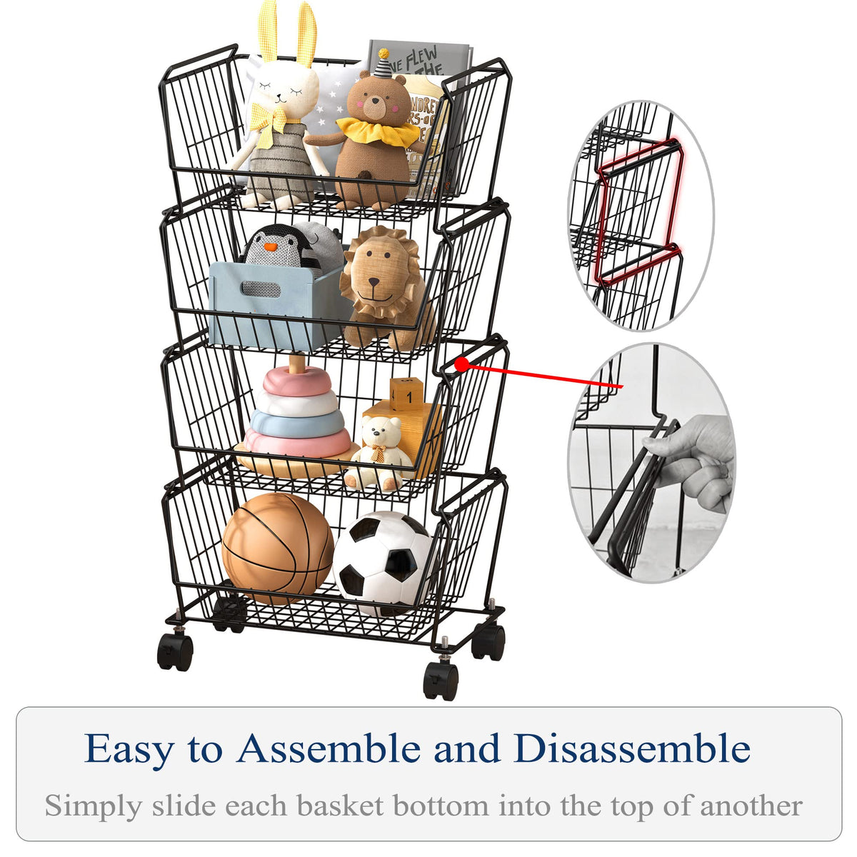 4 Tier Large Stackable Wire Storage Baskets with Wheels