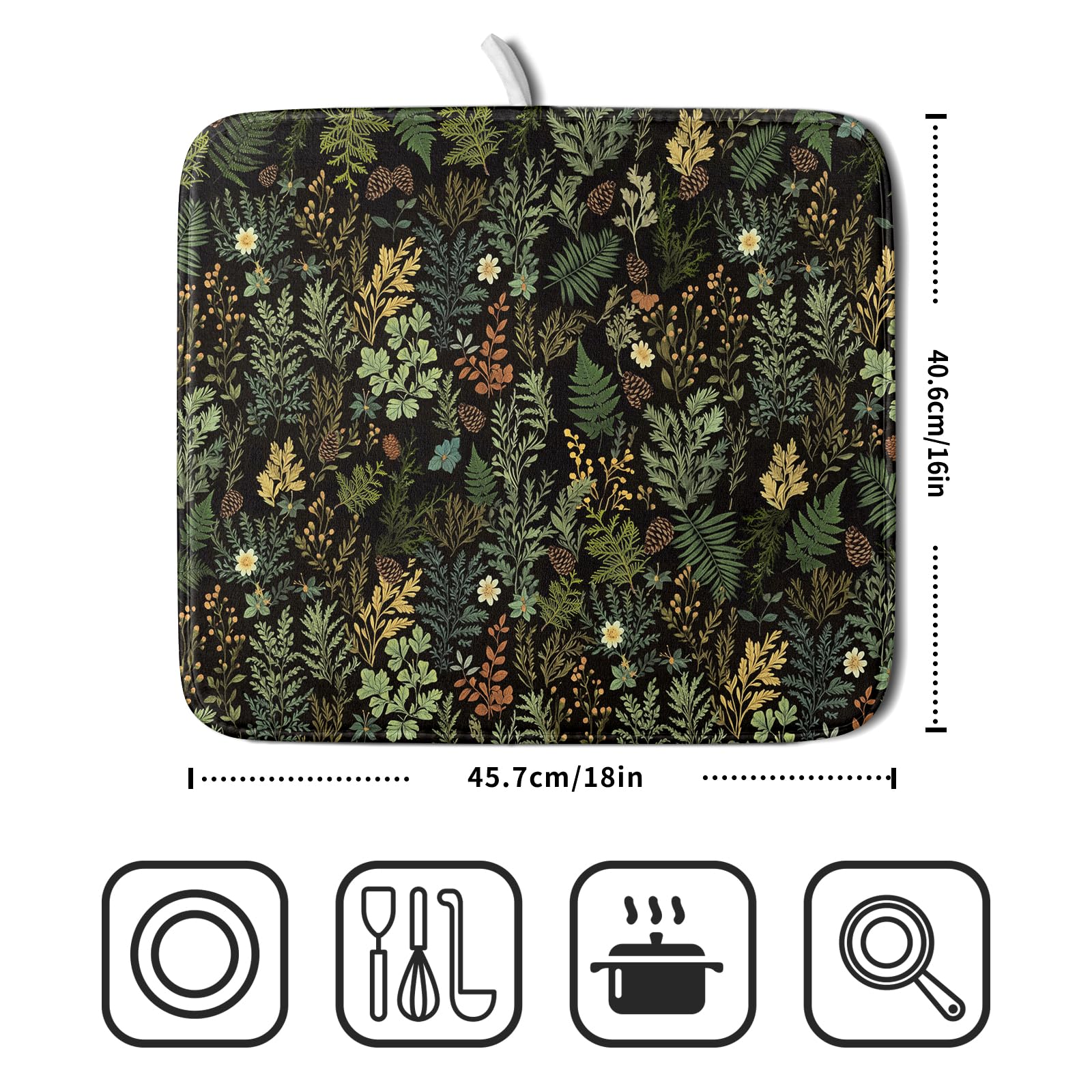Black Green Botanical Dish Drying Mat for Kitchen Counter 16x18 Inch Super Absorbent Microfiber Kitchen Drying Mat Green Plant Fern Leaves Floral Dish Reusable Washable Dish Drying Pad for Coffee Bar