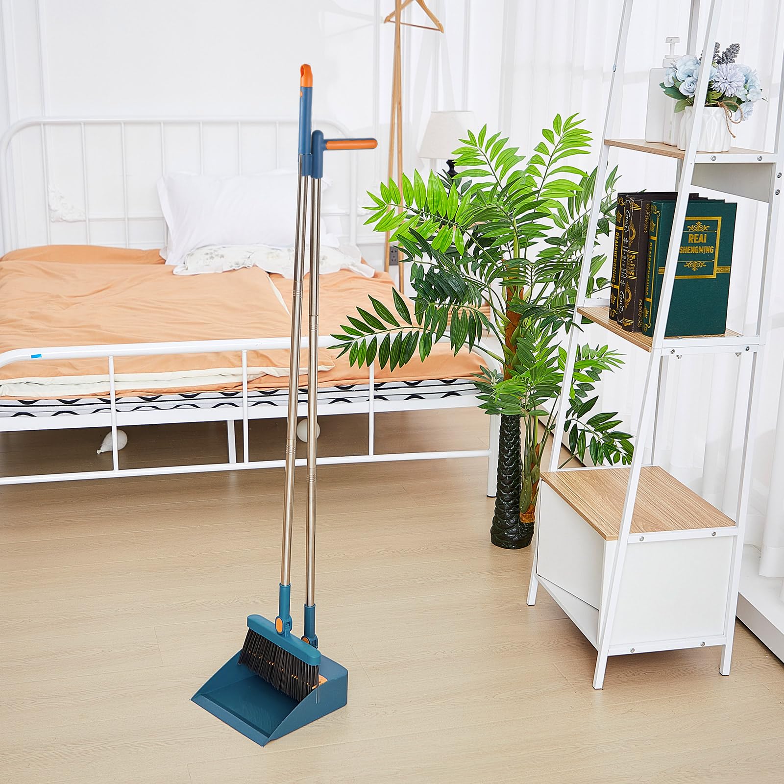 4 Set 8 Pcs Broom and Dustpan Set 47 Inch Long Handle Brooms for Sweeping Indoor Household Dustpans for Indoor Outdoor Kitchen Floor