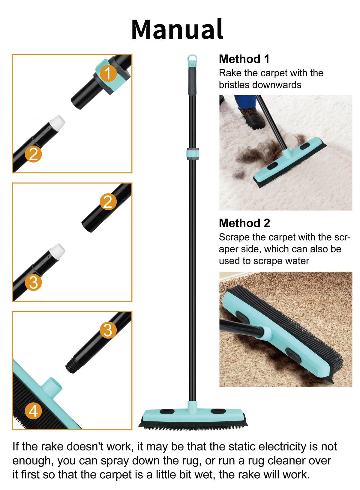 Rubber Broom Carpet Rake for Pet Hair Removal