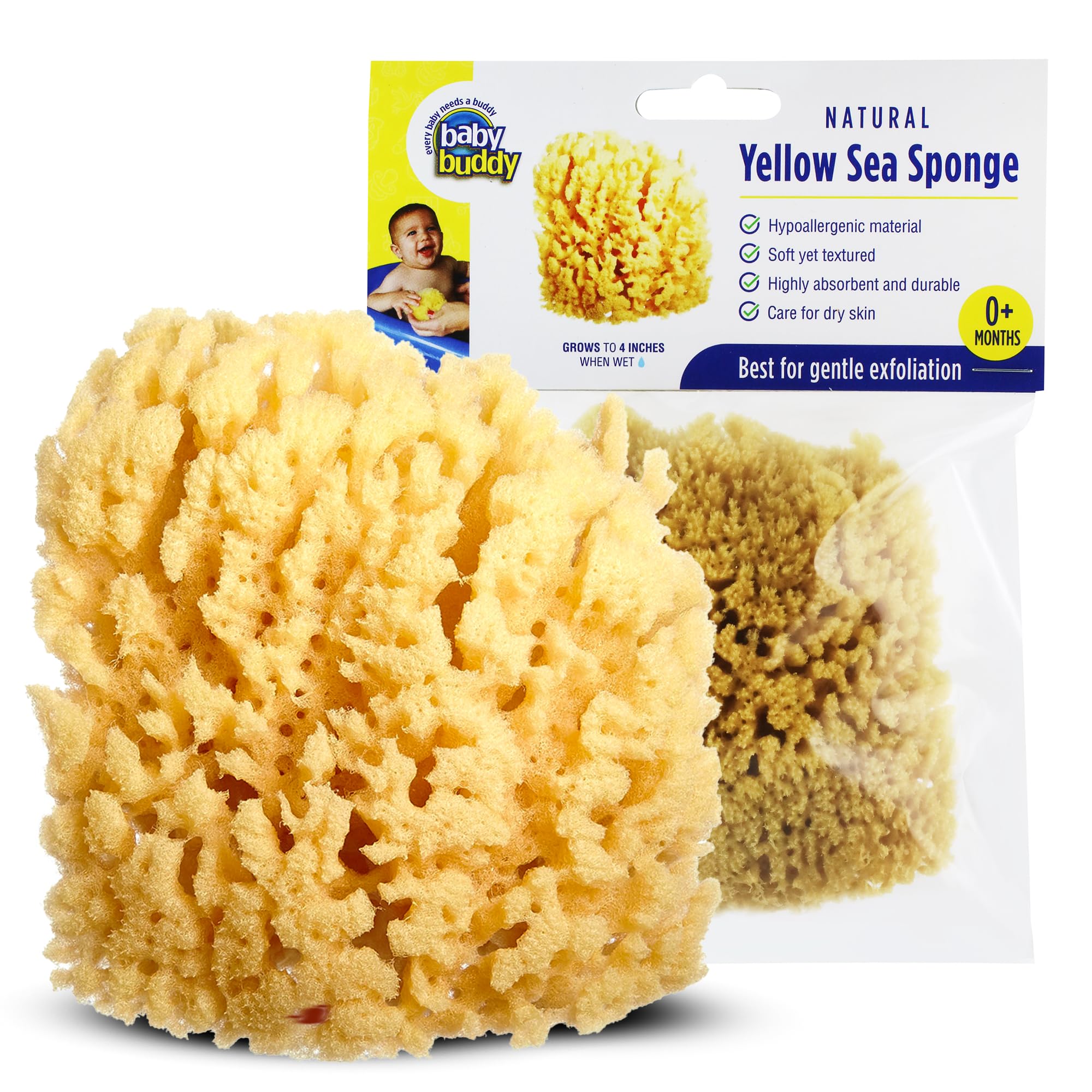1 Count, 4 Inch) Natural Yellow Sea Bath Sponge, Natural Baby Bath Sponge for Newborns and Kids, Soft When Wet, Absorbent, Biodegradable, Hypoallergenic