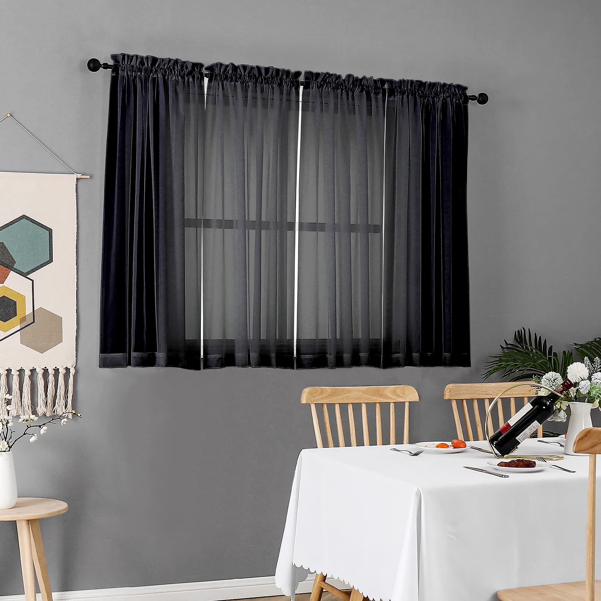 Black Sheer Curtains 45 Inches Length 2 Panels