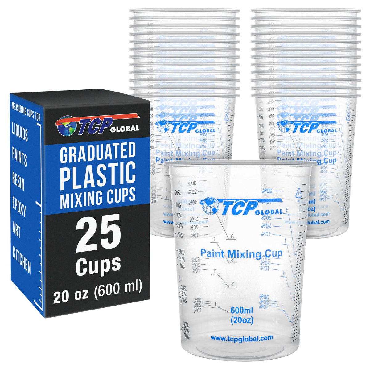20 oz. (600ml) Graduated Plastic Mixing Cups - Box of 25 - Disposable Plastic Measuring Cups for Liquids, Paints, Resin, Epoxy, Art, Kitchen - Ratios 2-1, 3-1, 4-1 ML