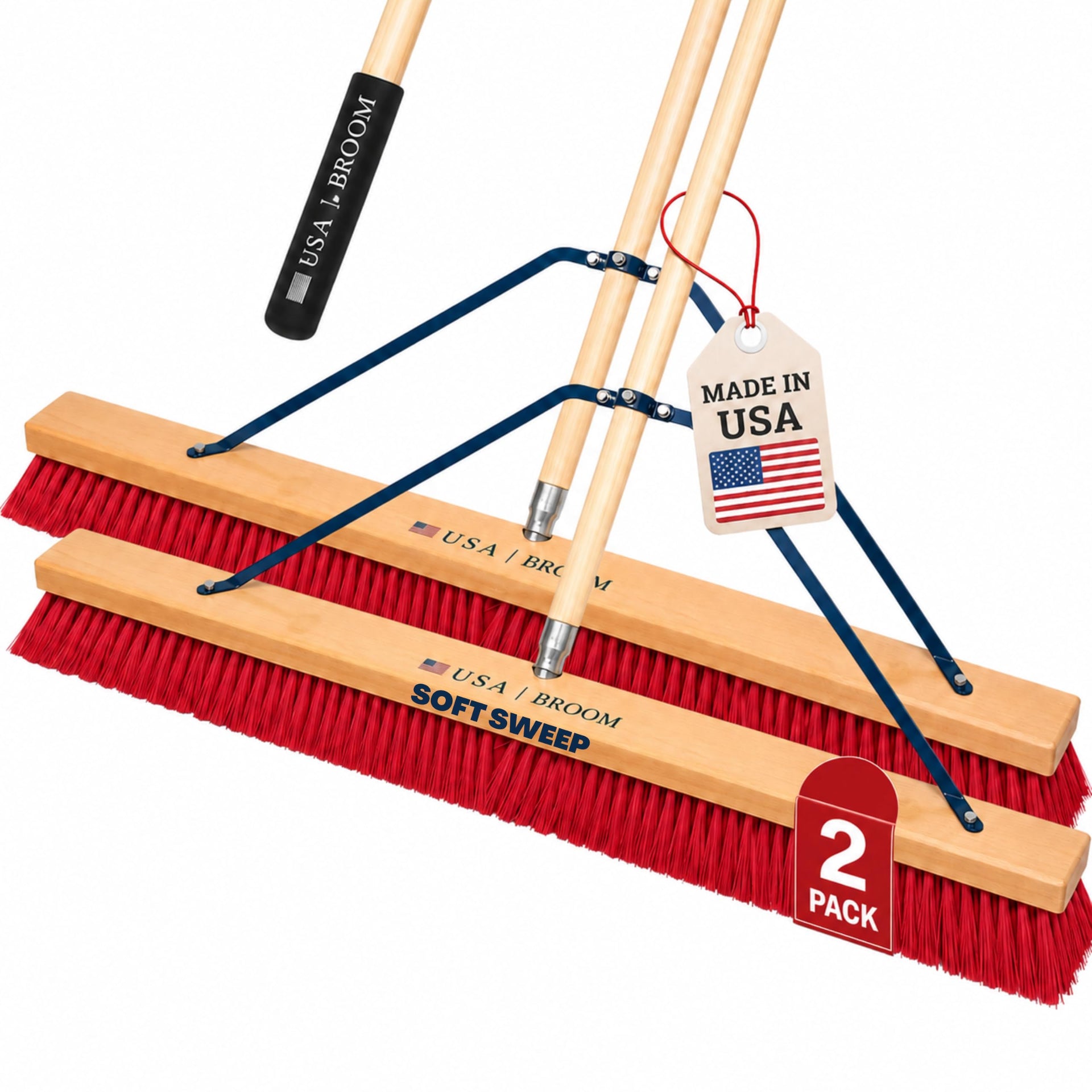 2-Pack - 36" Soft/Fine Sweep Indoor Push Broom with 60" Handle. Ideal for Epoxy & Polished Floors. Durable American Made Steel Brackets-All Stainless Steel Hardware. No Plastic. 100% USA Made