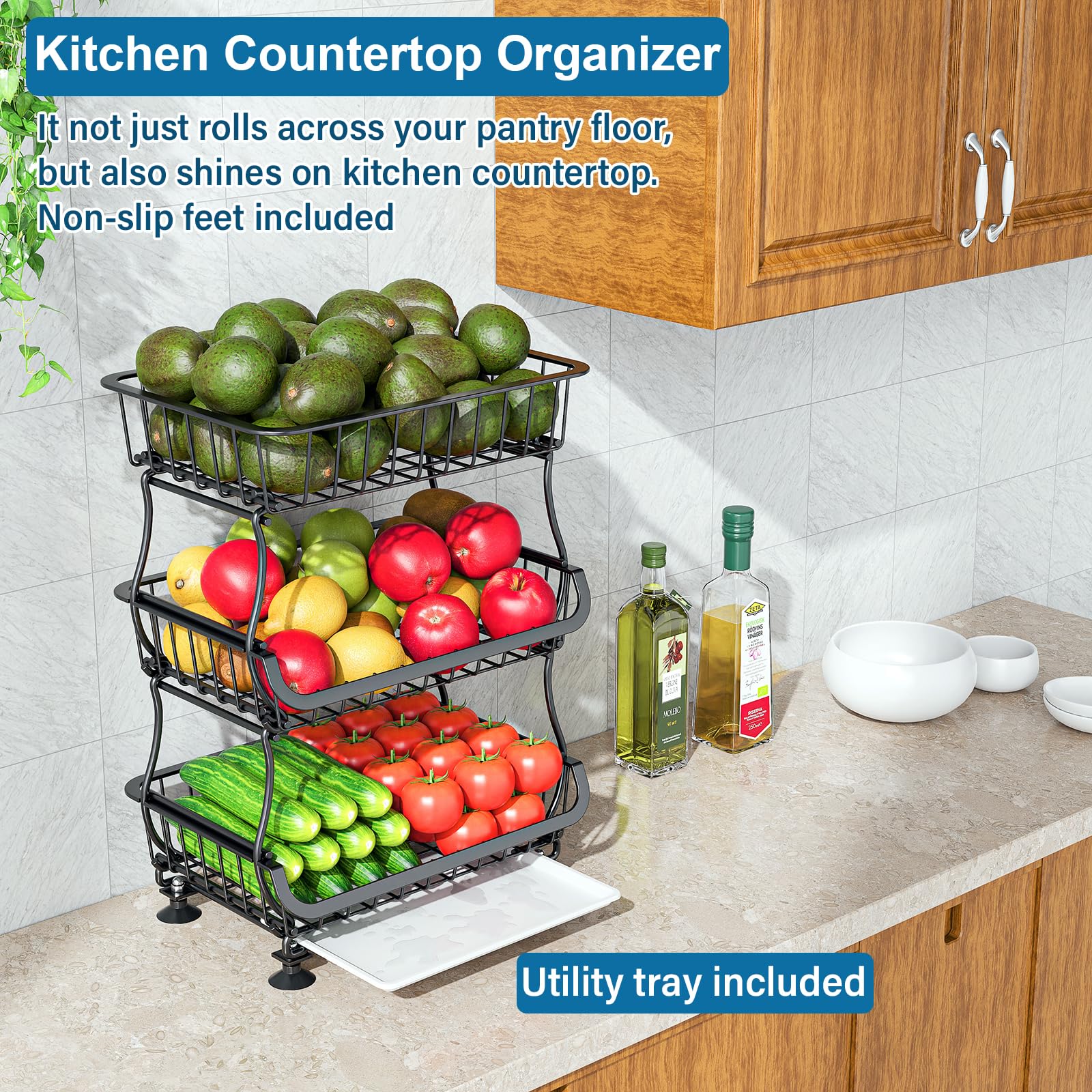 3 Tier Rolling Pantry Floor Organizers and Storage Cart with Wheels (3 Count)