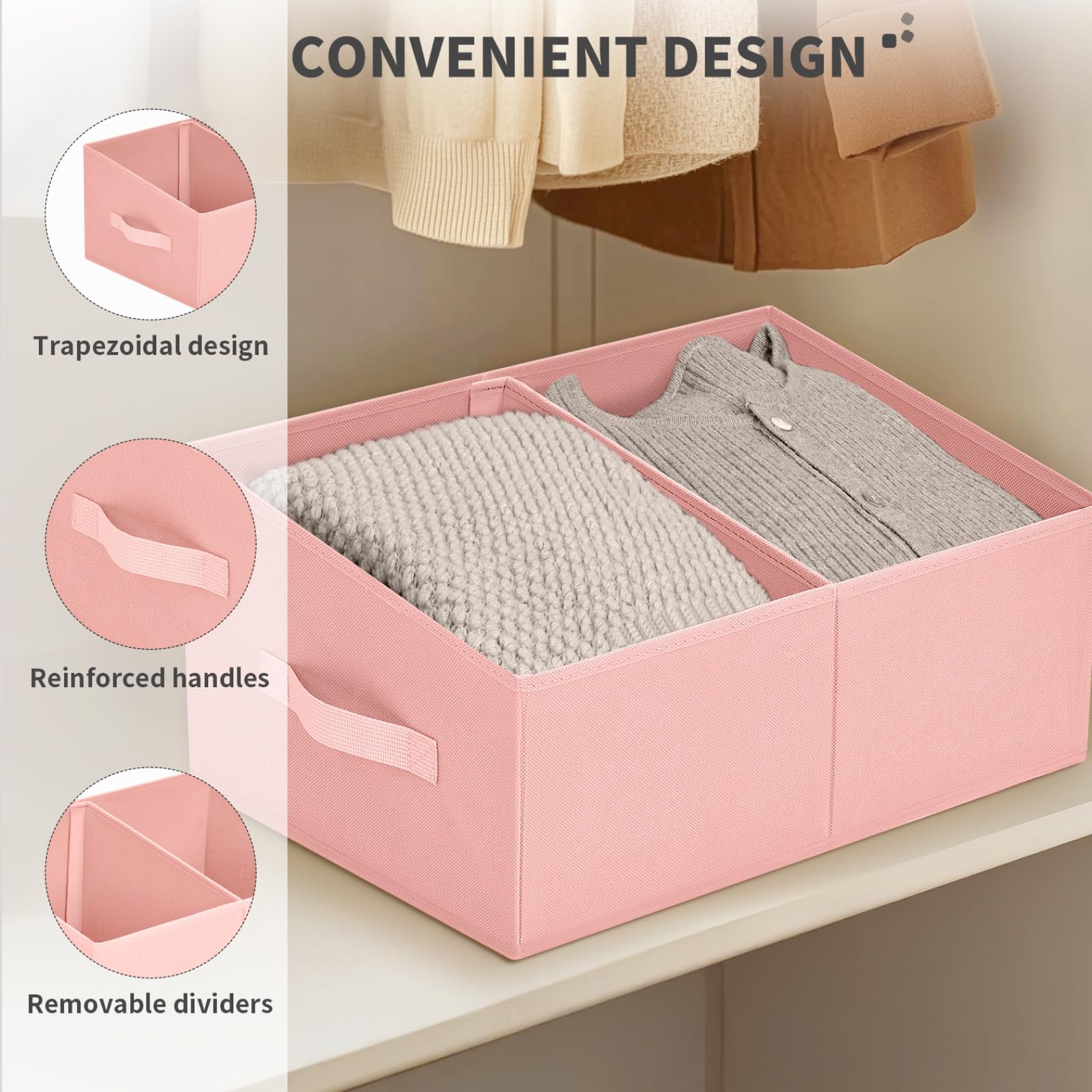 Large Closet Shelf Organizer Bins 6 Packs with Handles and Divider (6 Count)