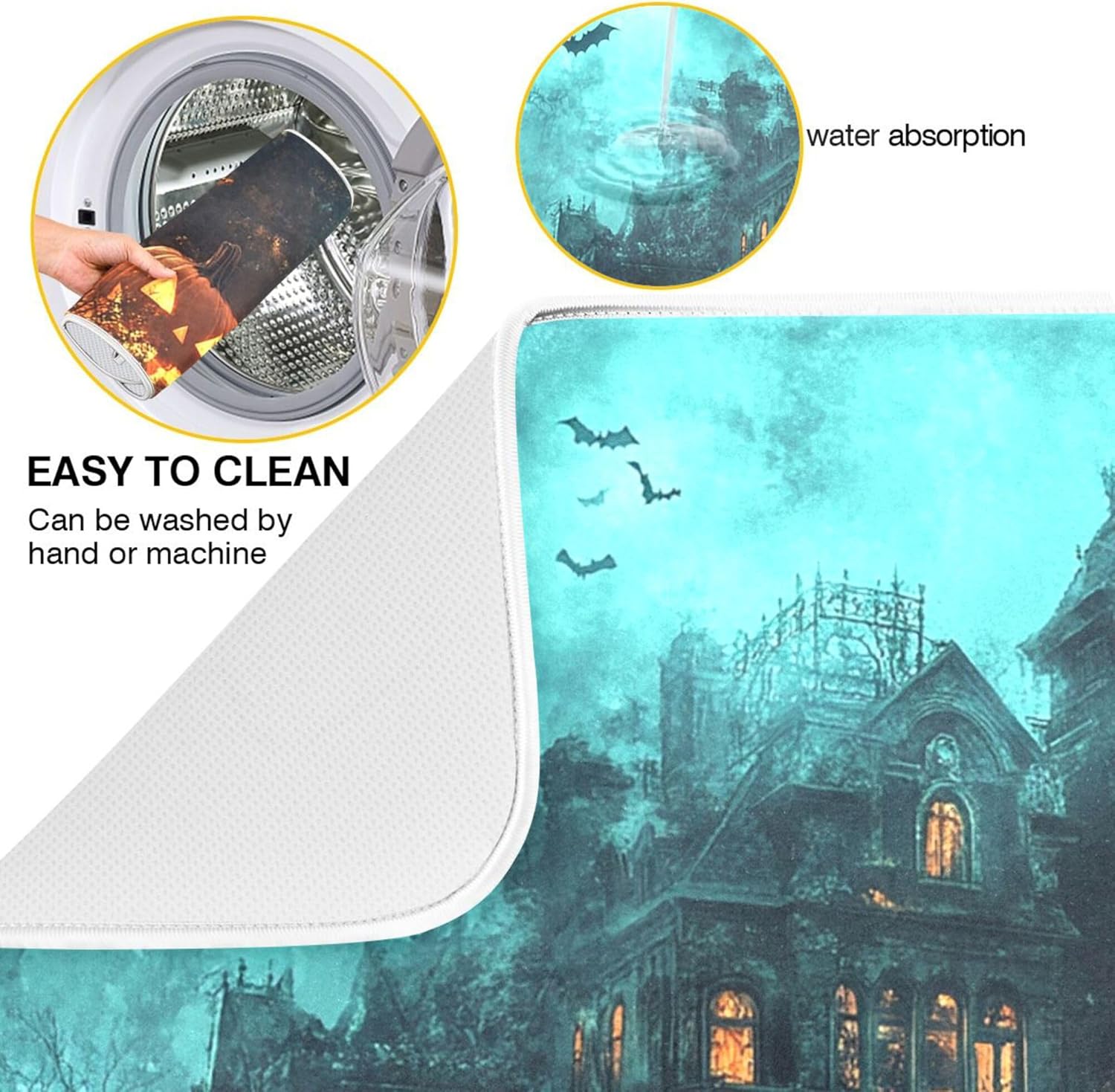 Halloween Castle Dish Drying Mat for Kitchen Countertop 16x18 Spooky Witch Pumpkin Lantern Small Drying Mat Reusable Quick Dry Dish Sink Mats Easy Clean Decorative Essentials