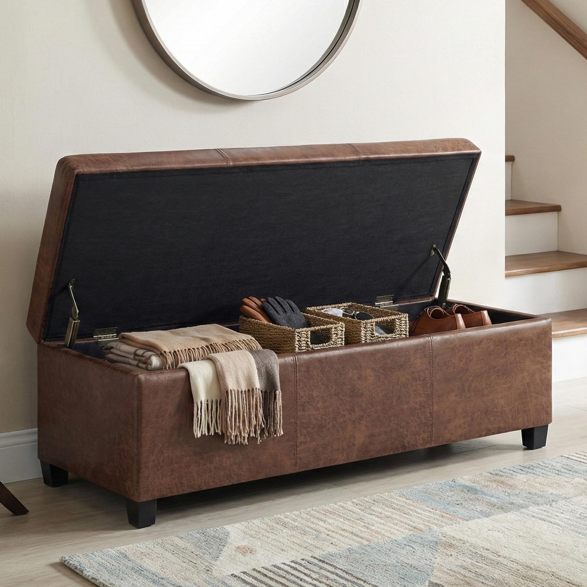 Avalon 48" Wide Vegan Leather Storage Ottoman in Saddle Brown