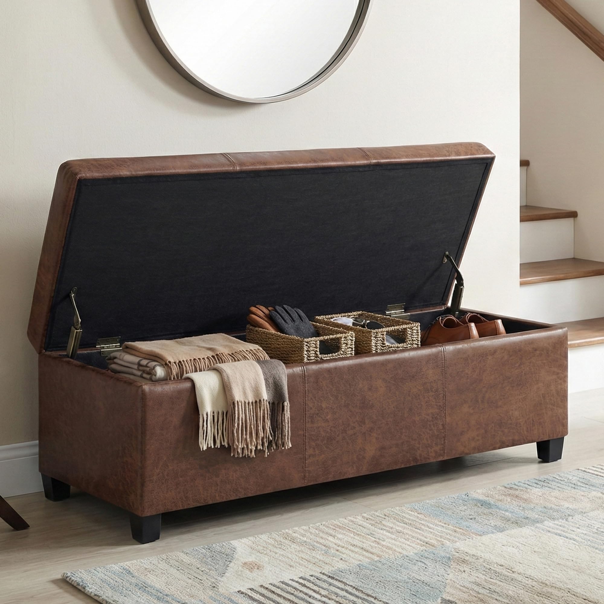 Avalon 48" Wide Vegan Leather Storage Ottoman in Saddle Brown