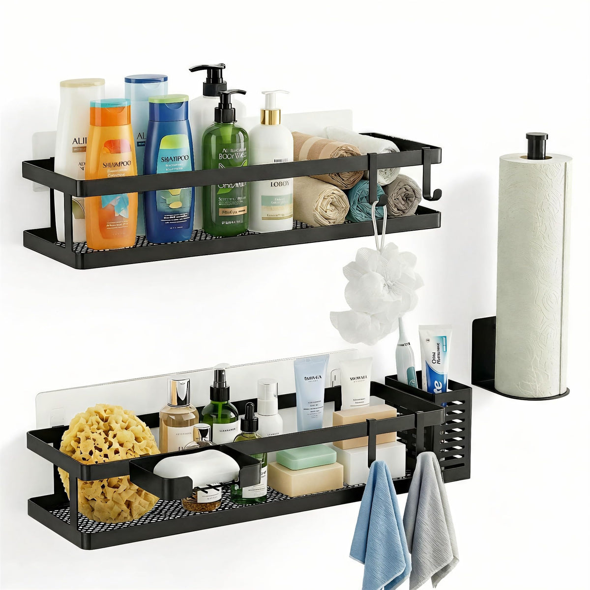 5-in-1 16.5" Extra Long Kitchen Organizer & Shower Caddy Set, Wall Mount Spice Rack with Paper Towel Holder, Utensil Holder & Soap Dish, Rustproof Mesh - Matte Black, Guardrail