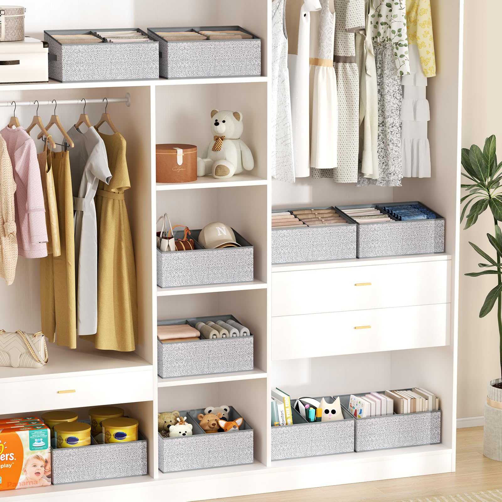 Large Closet Shelf Organizer Bins 6 Packs with Handles and Divider (6 Count)
