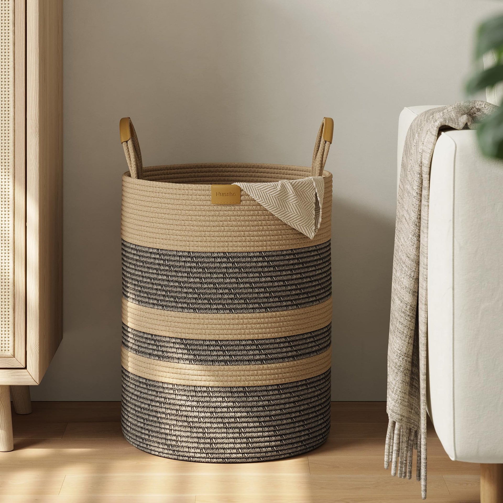 62L Striped Laundry Hamper with Leather Handles