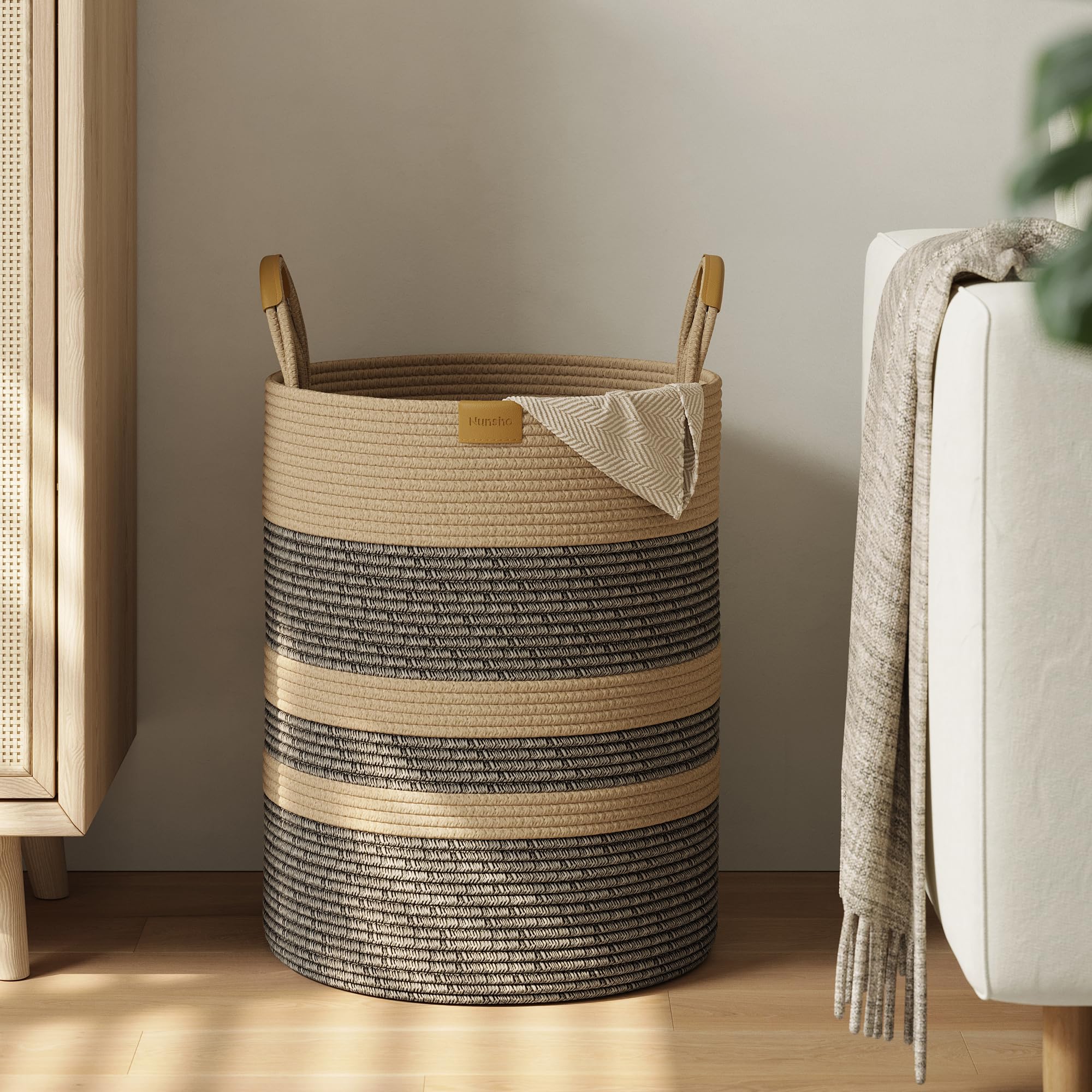 62L Striped Laundry Hamper with Leather Handles