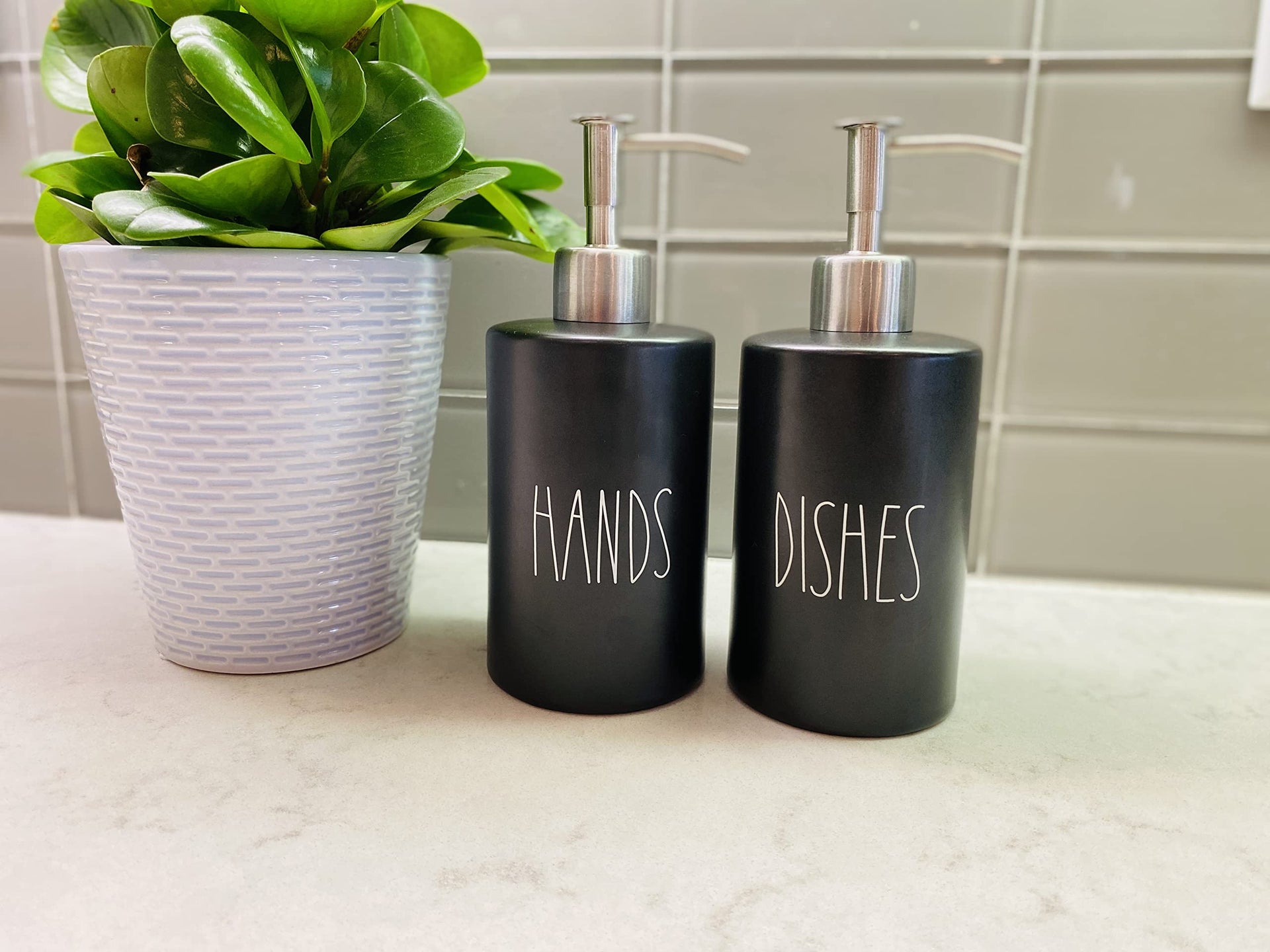 Modern Farmhouse Ceramic Dishes and Hands Soap Dispenser Set for Kitchen (2 Count)